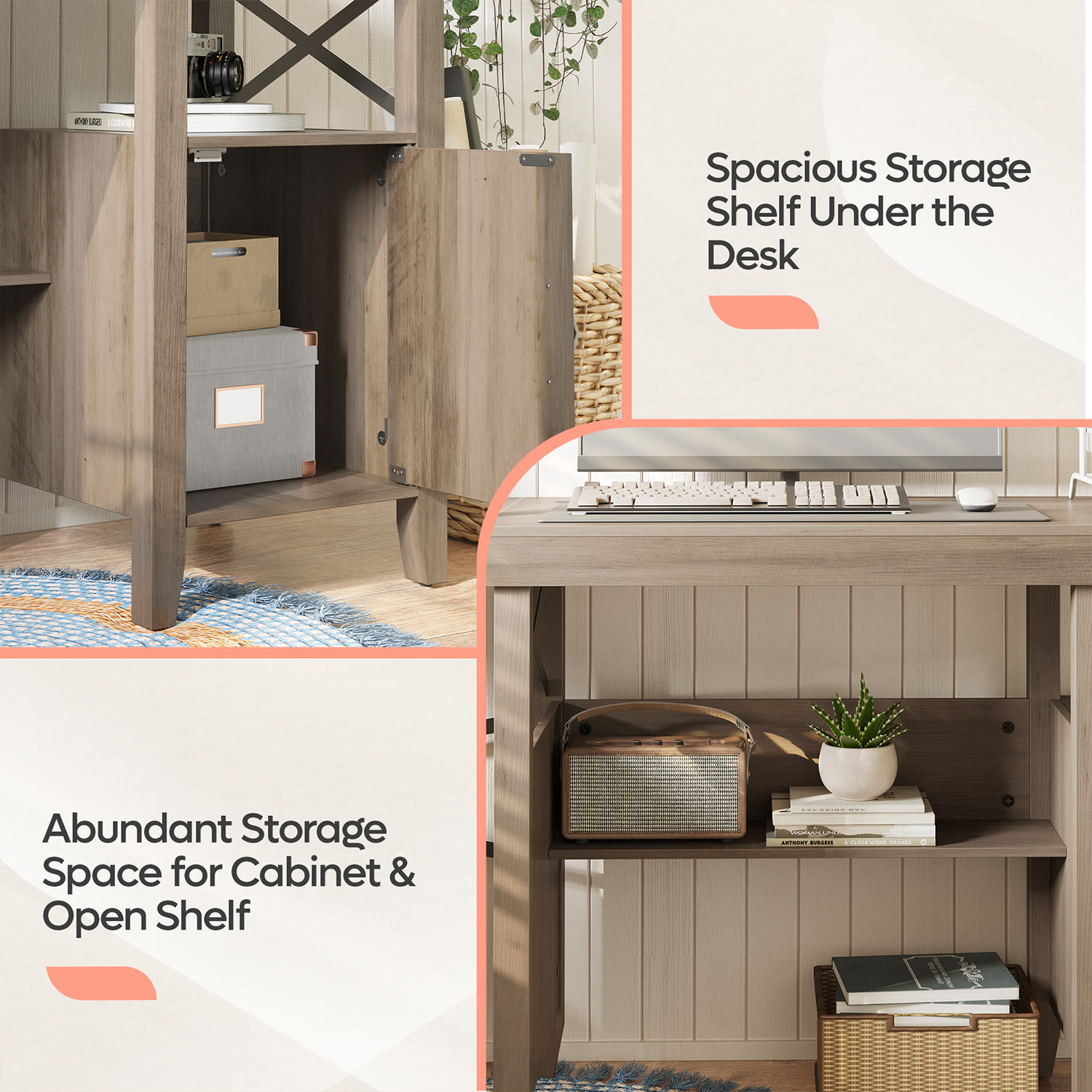 Bestier 60inW L-Shaped Corner Computer Desk With Storage Cabinet & Accessory Hooks, Gray Wash - Image 4