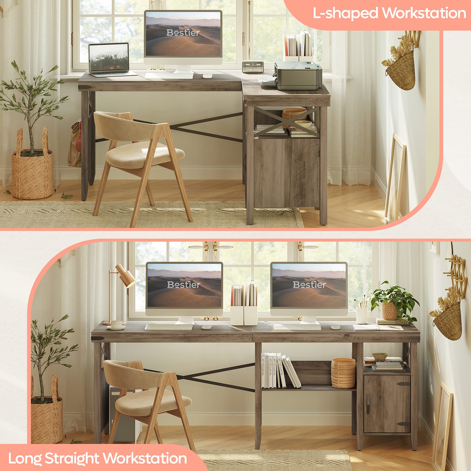Bestier 60inW L-Shaped Corner Computer Desk With Storage Cabinet & Accessory Hooks, Gray Wash - Image 6