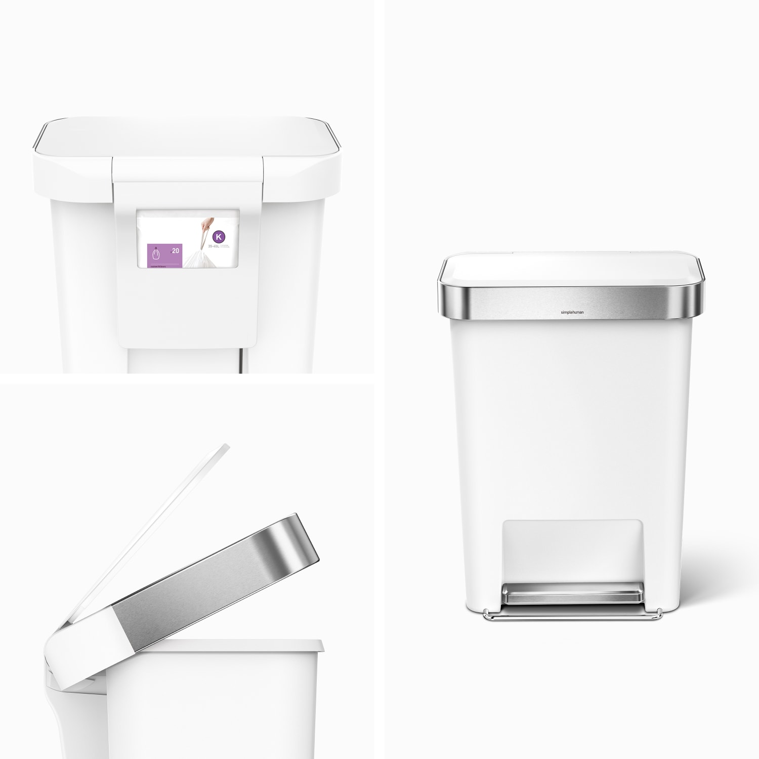 simplehuman Rectangular Step Can With Liner Pocket, 12 Gallons, White Plastic - Image 3