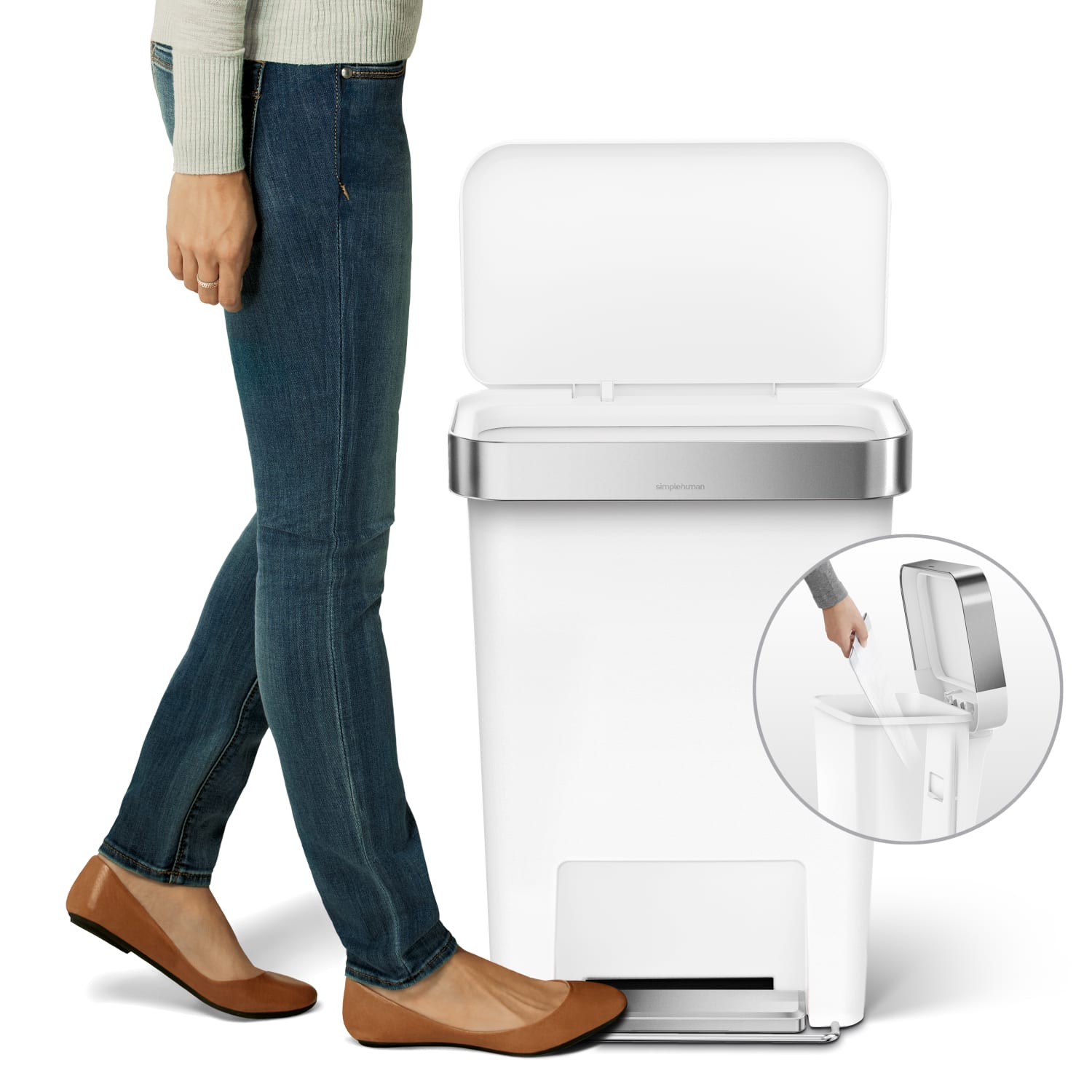 simplehuman Rectangular Step Can With Liner Pocket, 12 Gallons, White Plastic - Image 4