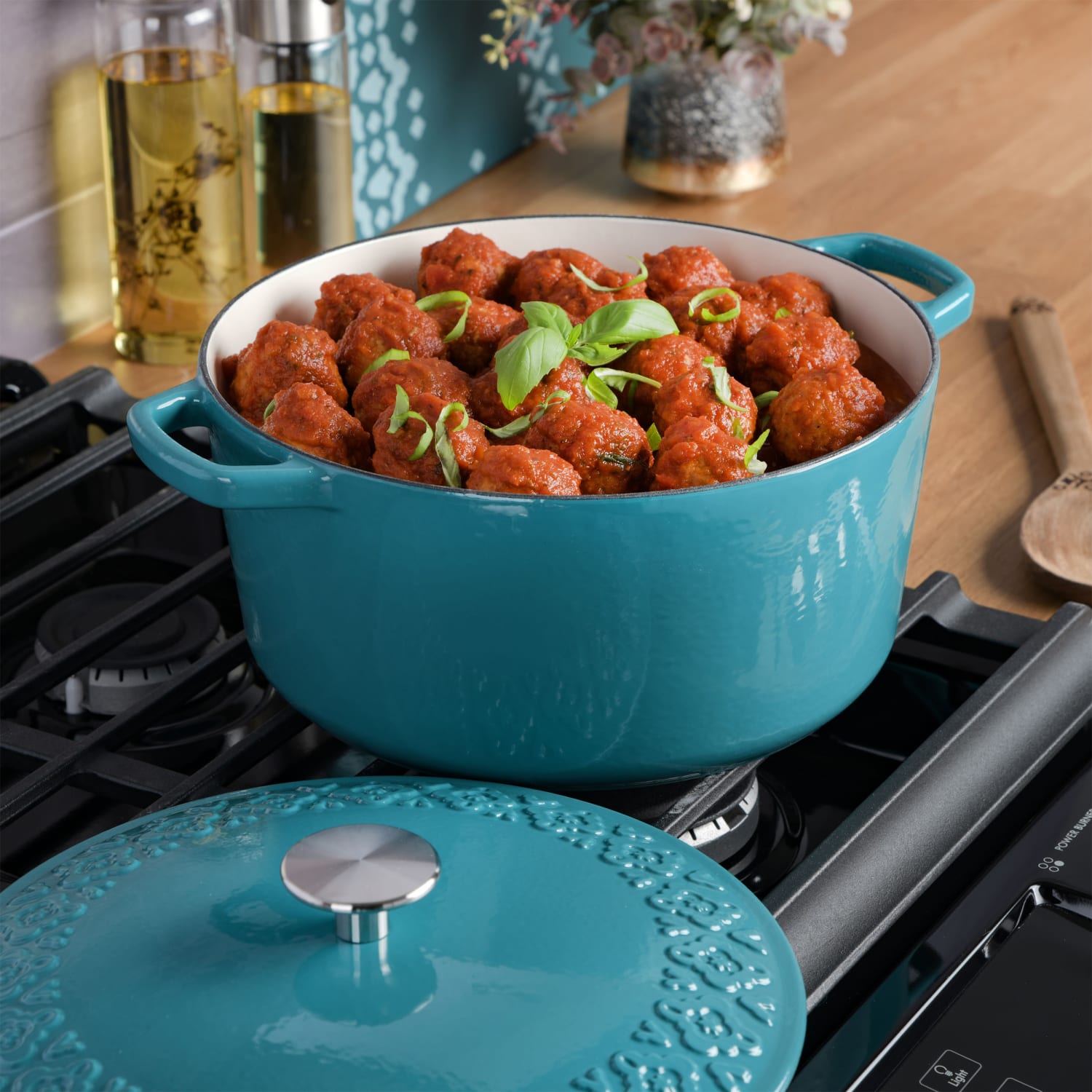 Spice by Tia Mowry Savory Saffron 6-Quart Enameled Cast Iron Dutch Oven, Teal - Image 3