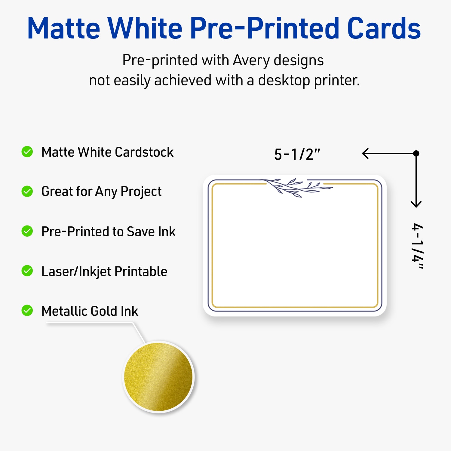 Avery Printable Postcards With Sure Feed Technology, 4.25in x 5-1/2in, Matte White With Floral Gold/Navy Border, Pack Of 20 - Image 4