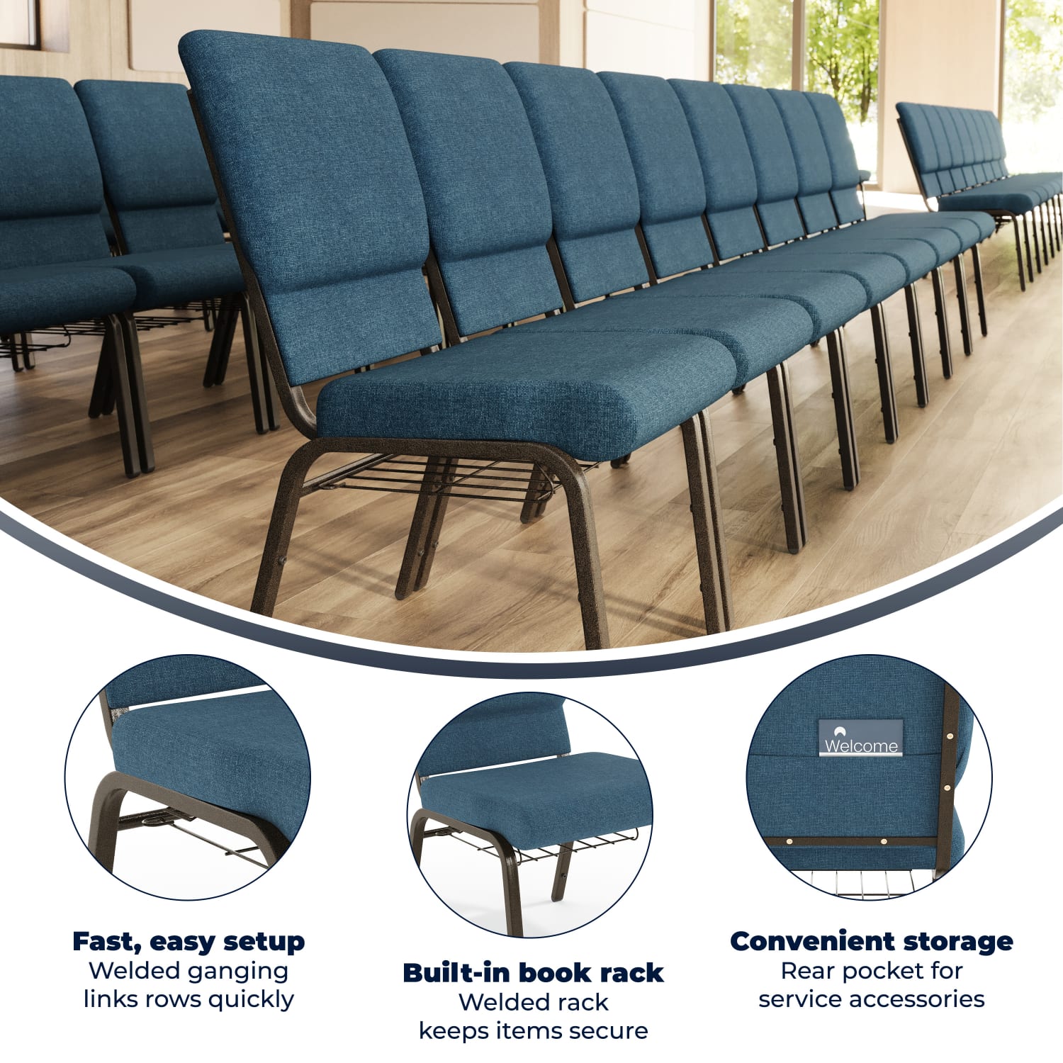 Flash Furniture HERCULES Church Chair With Book Rack BlueGold Vein PopularChairscom