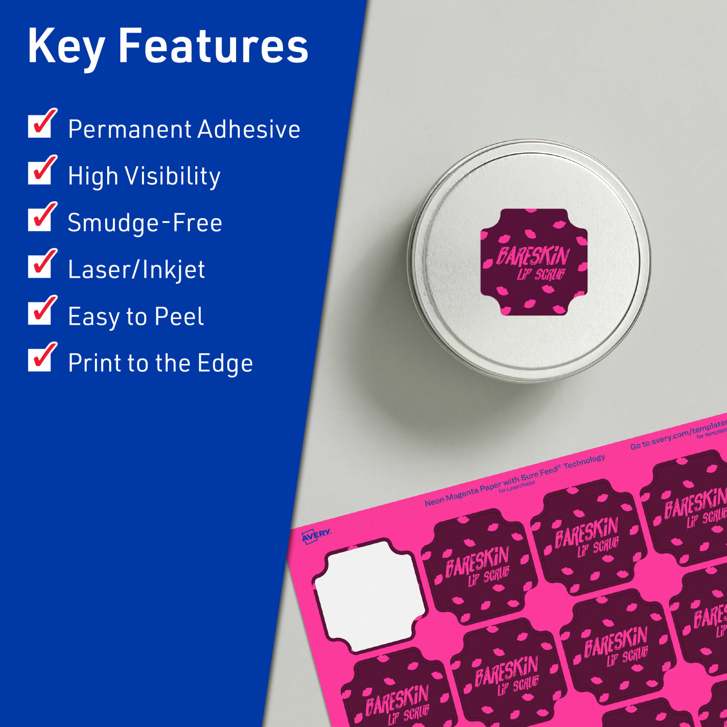 Avery Print-To-The-Edge Labels With Sure Feed Technology, 94110-NMP10, Square Scalloped, 1-5/8in x 1-5/8in, Matte Neon Magenta, Pack of 200 - Image 3