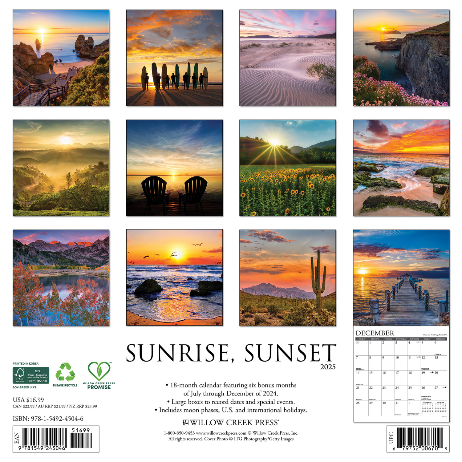 2025 Willow Creek Press Wall Calendar, 12in x 12in, Sunrise, Sunset, January 2025 To December 2025, 45046 - Image 6