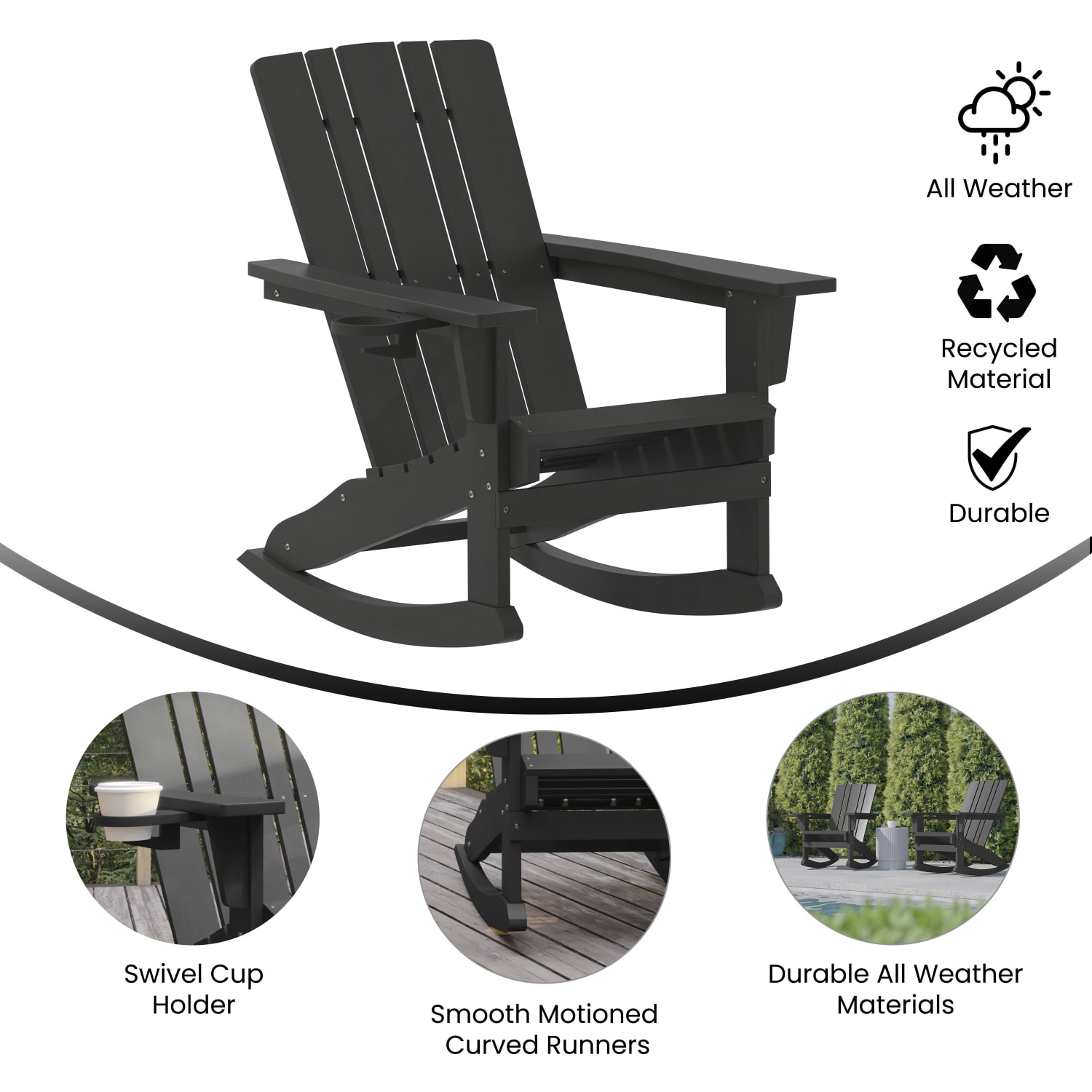 Flash Furniture Halifax All-Weather Adirondack Chair with Cup Holder and Pull-Out Ottoman, Black - Image 4
