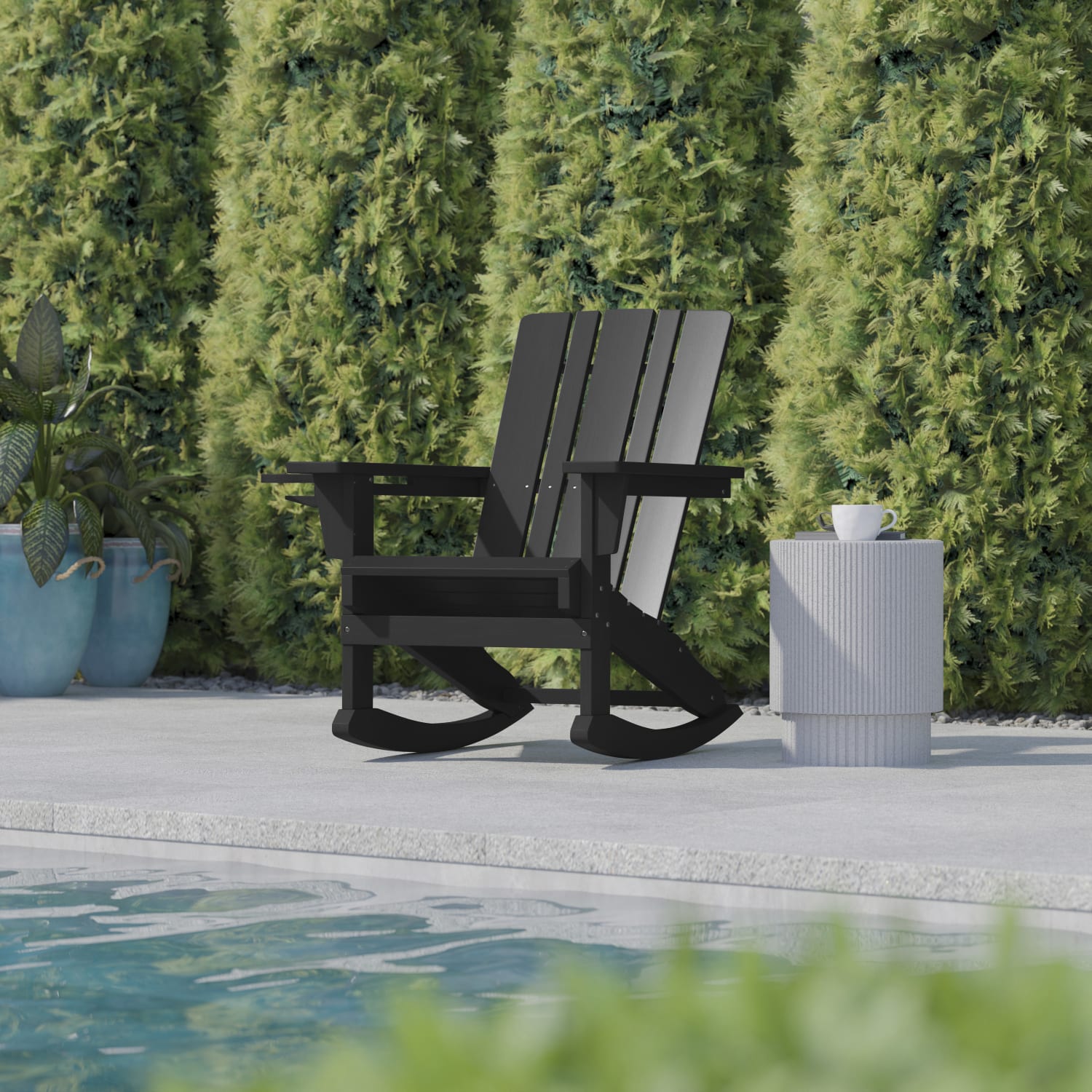 Flash Furniture Halifax All-Weather Adirondack Chair with Cup Holder and Pull-Out Ottoman, Black - Image 6