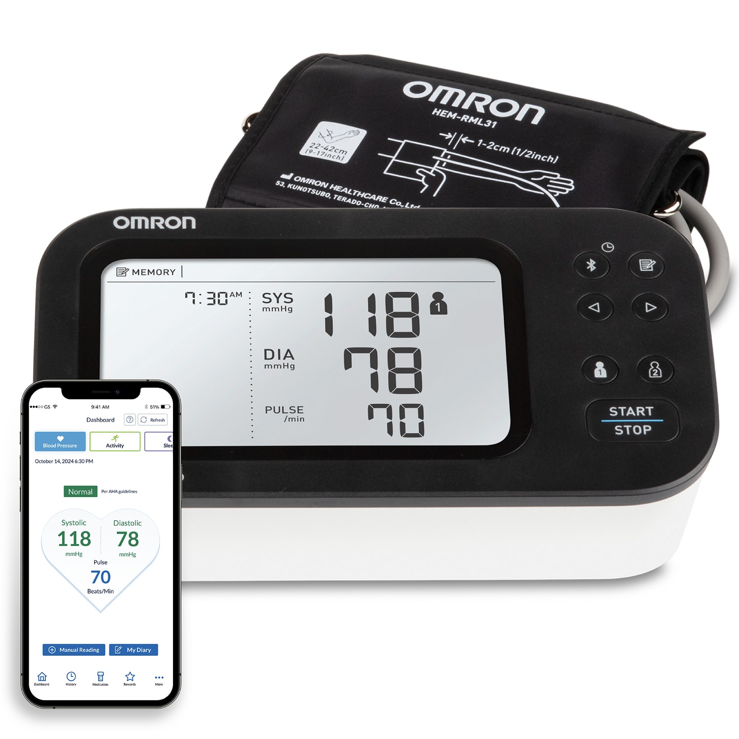 Omron 7 Series Upper Arm Blood Pressure Monitor and Cuff with Bluetooth & Wide-Screen LCD Display, 9-In. to 7-In., BP7360 - Image 5