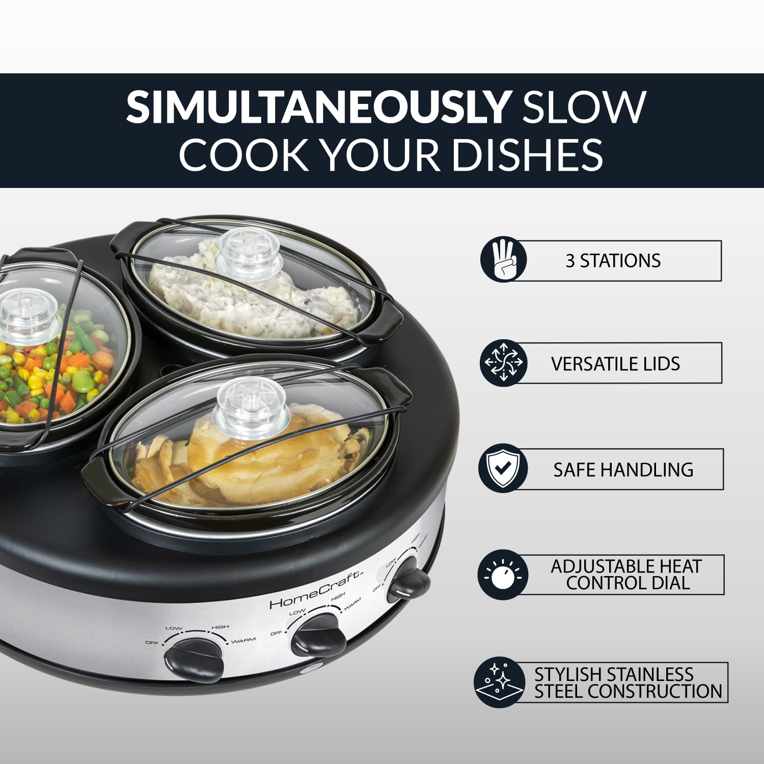 HomeCraft HCRTSCO15SS Triple Round Oval 1.5-Quart Cooker Buffet, Silver/Black - Image 3