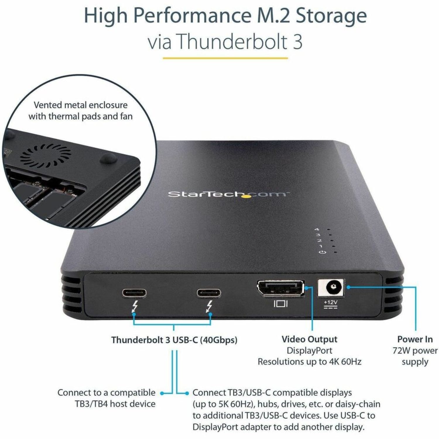 StarTech.com 4 Bay Thunderbolt 3 NVMe Enclosure, For M.2 NVMe SSD Drives, 1x DisplayPort Video and 2x TB3 Downstream Ports, 40Gbp - Image 3