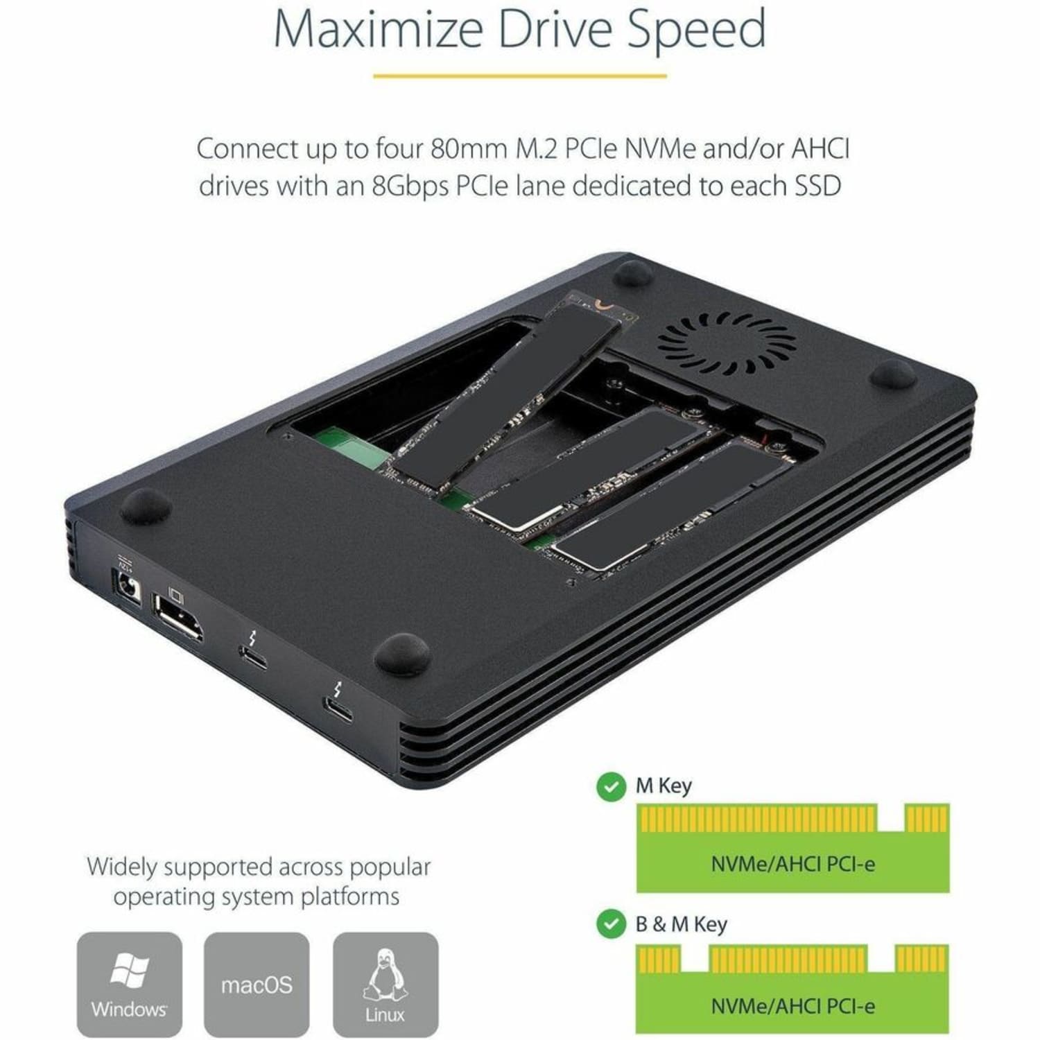 StarTech.com 4 Bay Thunderbolt 3 NVMe Enclosure, For M.2 NVMe SSD Drives, 1x DisplayPort Video and 2x TB3 Downstream Ports, 40Gbp - Image 4