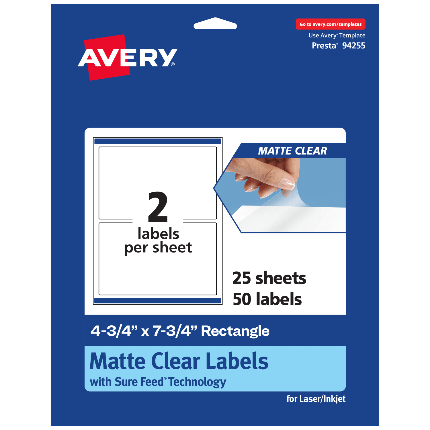 Avery Permanent Labels With Sure Feed, 94255-CMF25, Rectangle, 4-3/4in x 7-3/4in, Matte Clear, Pack Of 50