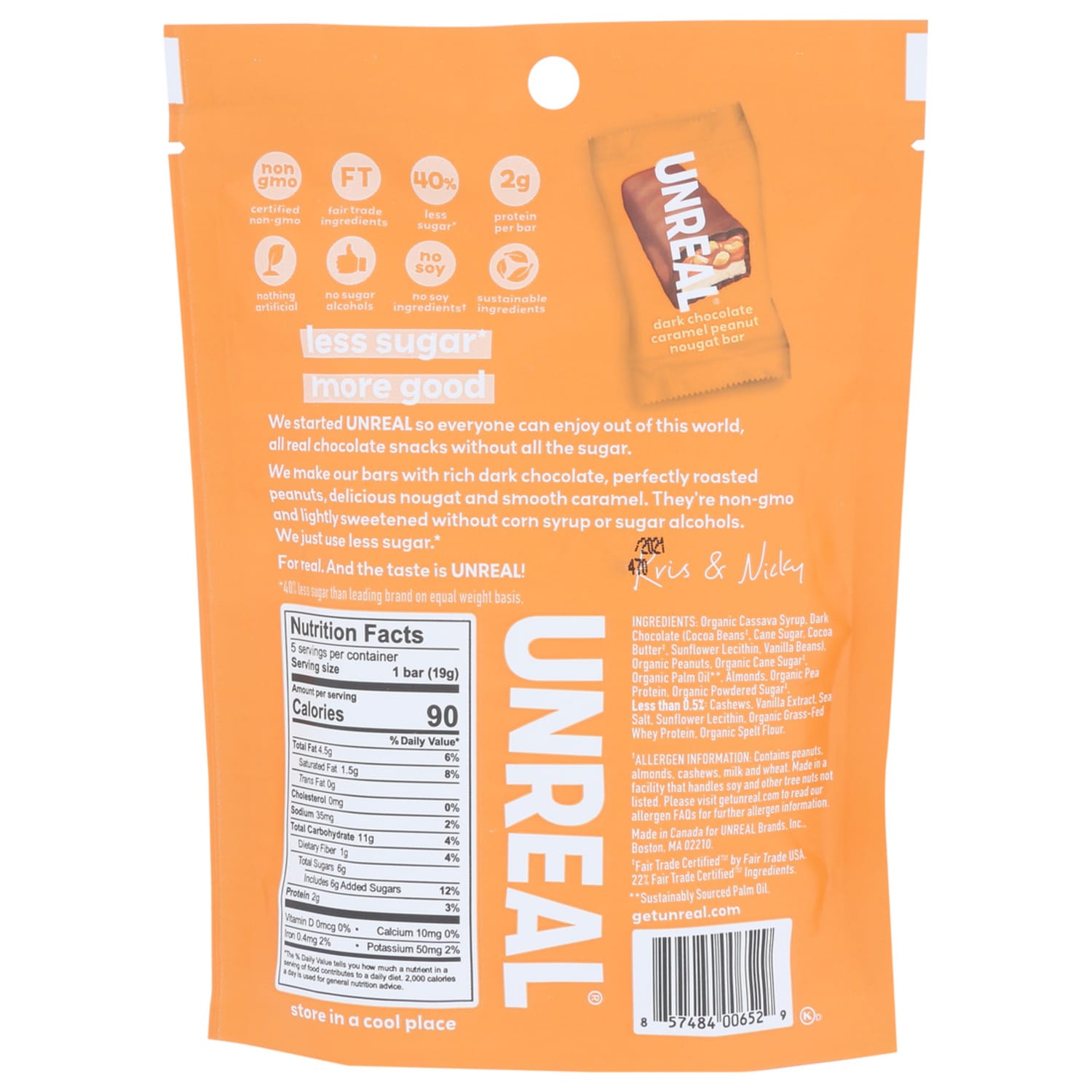 Unreal Dark Chocolate Caramel Peanut Nougat Bars, 3.4 Oz, Total Qty 6 - Image 5