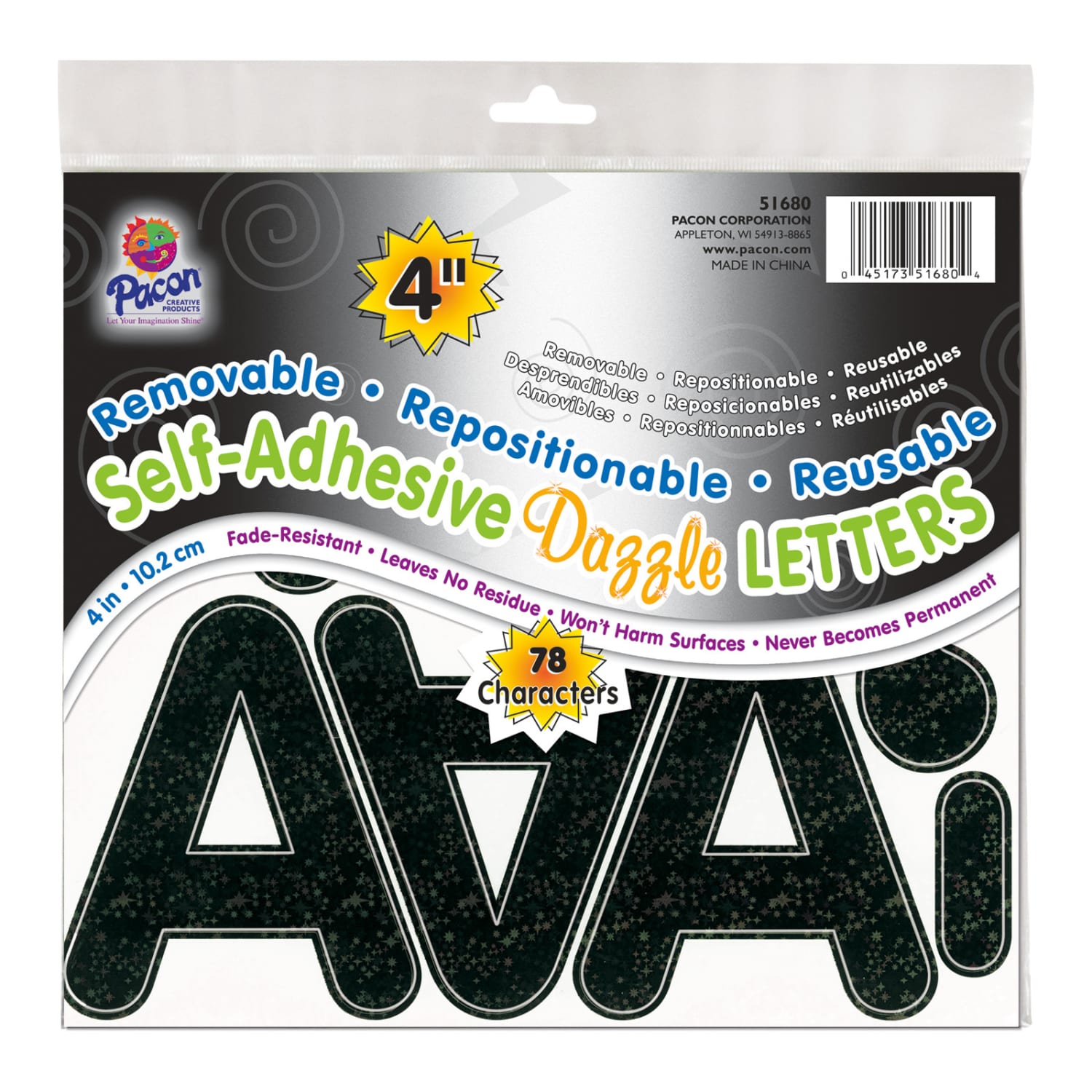 Pacon Self-Adhesive Letters, 4in, Puffy Font, Black Dazzle, 78 Per Pack, Set Of 2 Packs - Image 3