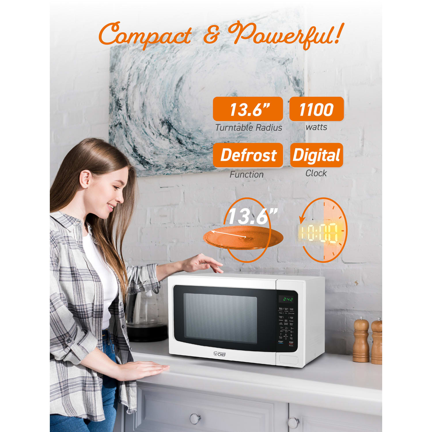 Commercial Chef 1.6 Cu Ft Countertop Microwave Oven, 12-15/16inH x 18-15/16inW x 19-1/2inD, White - Image 5