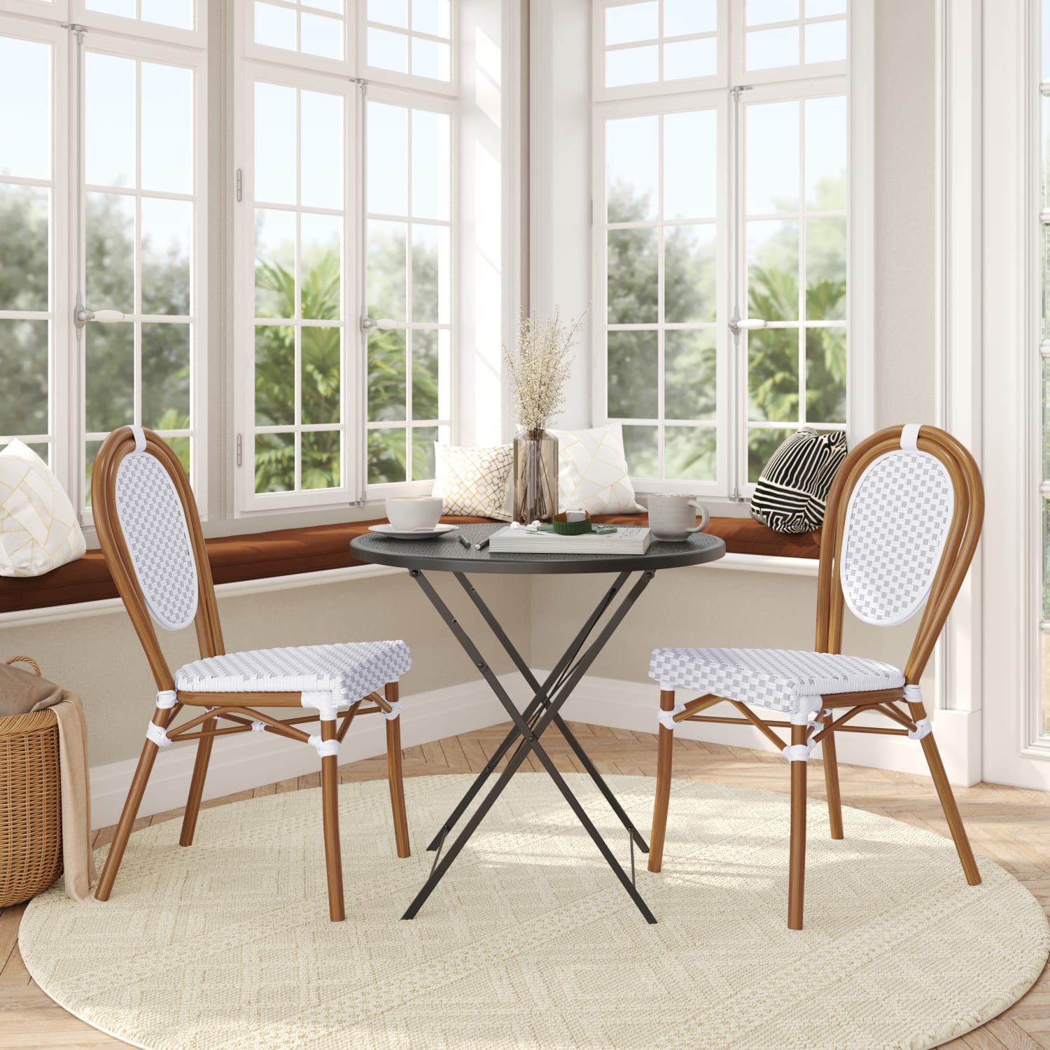 Flash Furniture 2 Pack Lourdes Indoor/Outdoor Commercial Thonet Bistro Stacking Chair, PE Rattan and Aluminum Frame, White & Gray/Natural Frame - Image 4