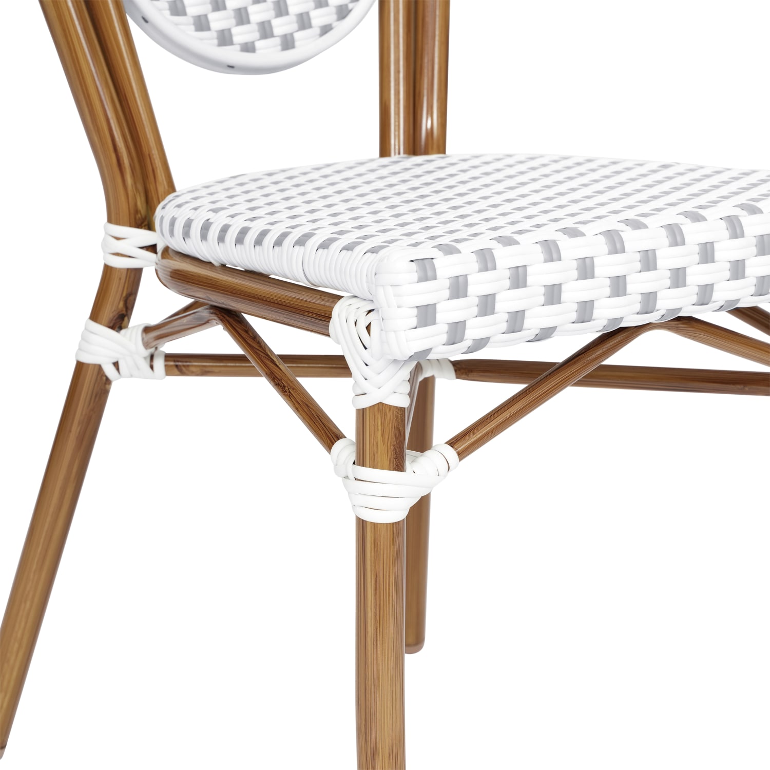 Flash Furniture 2 Pack Lourdes IndoorOutdoor Commercial Thonet Bistro Stacking Chair PE Rattan and Aluminum Frame White  GrayNatural Frame PopularChairscom