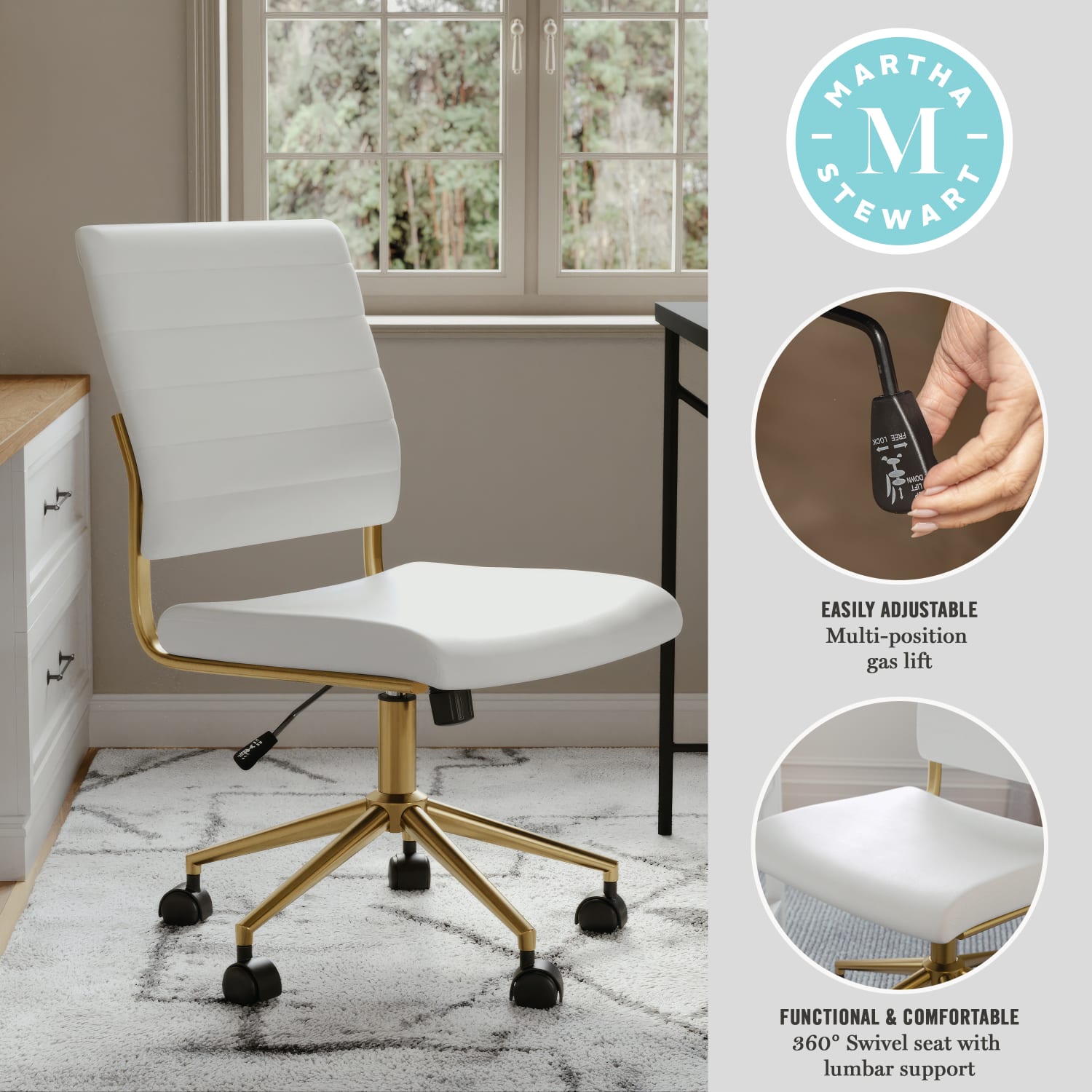 Martha Stewart Ivy Faux Leather Upholstered Mid Back Executive Office Chair WhitePolished Brass PopularChairscom