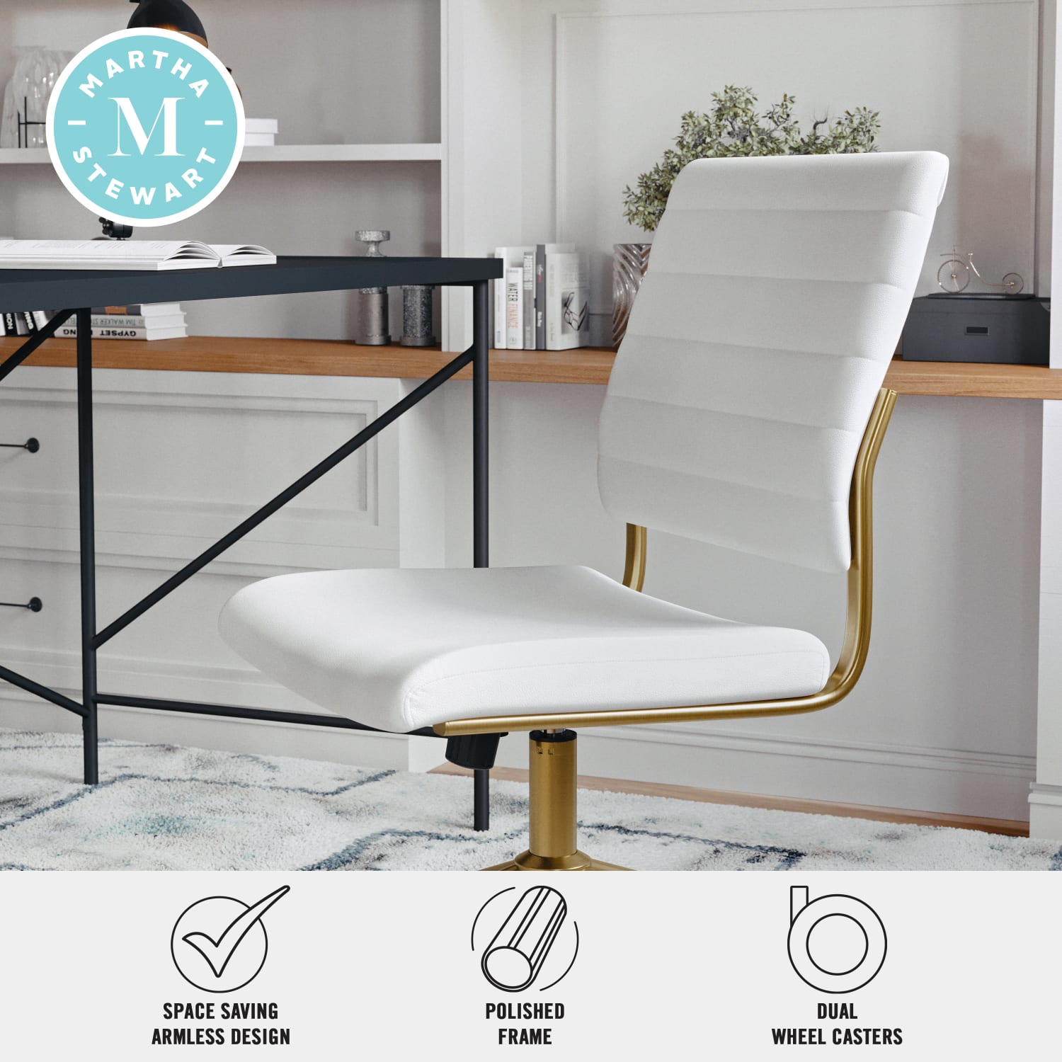 Martha Stewart Ivy Faux Leather Upholstered Mid Back Executive Office Chair WhitePolished Brass PopularChairscom