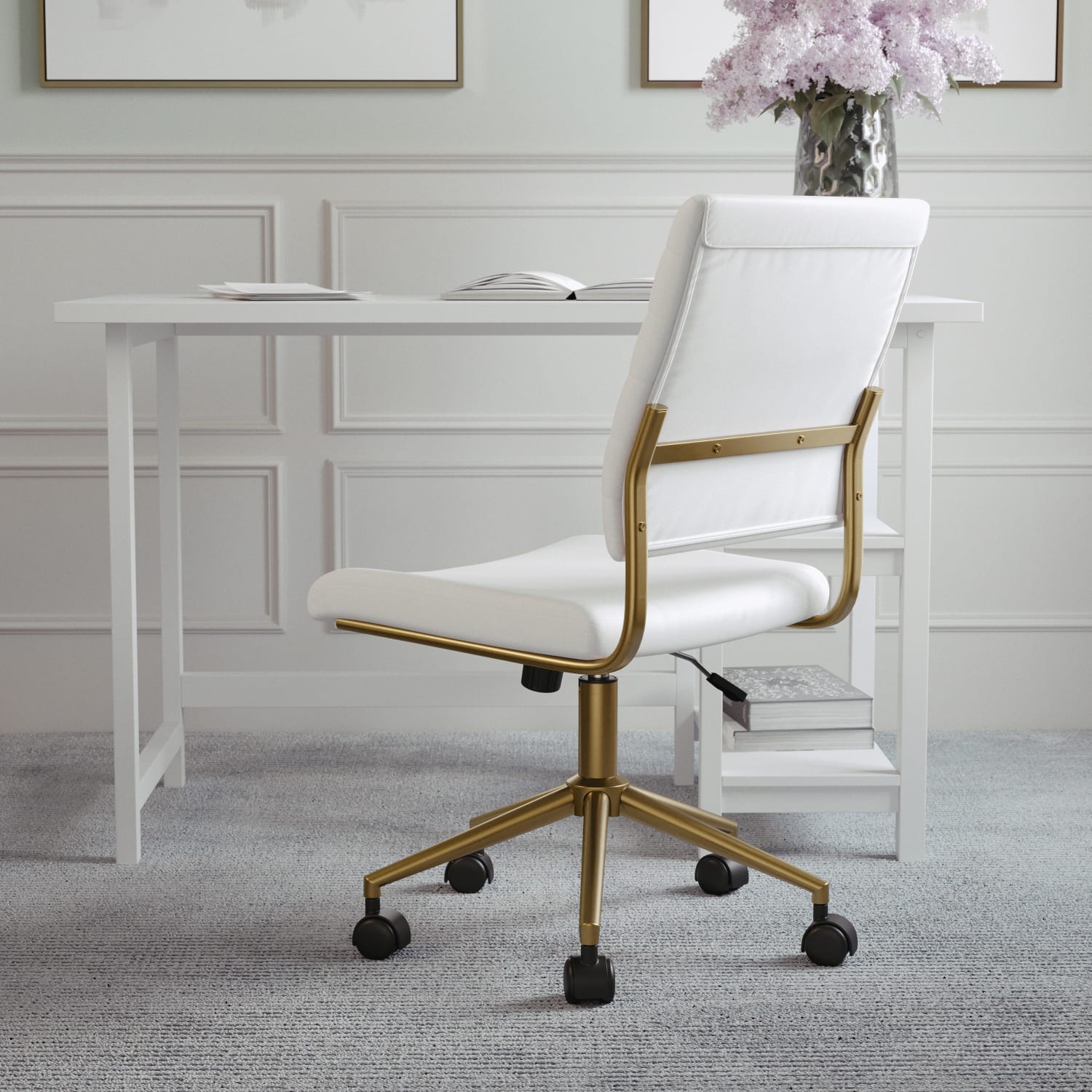 Martha Stewart Ivy Faux Leather Upholstered Mid Back Executive Office Chair WhitePolished Brass PopularChairscom