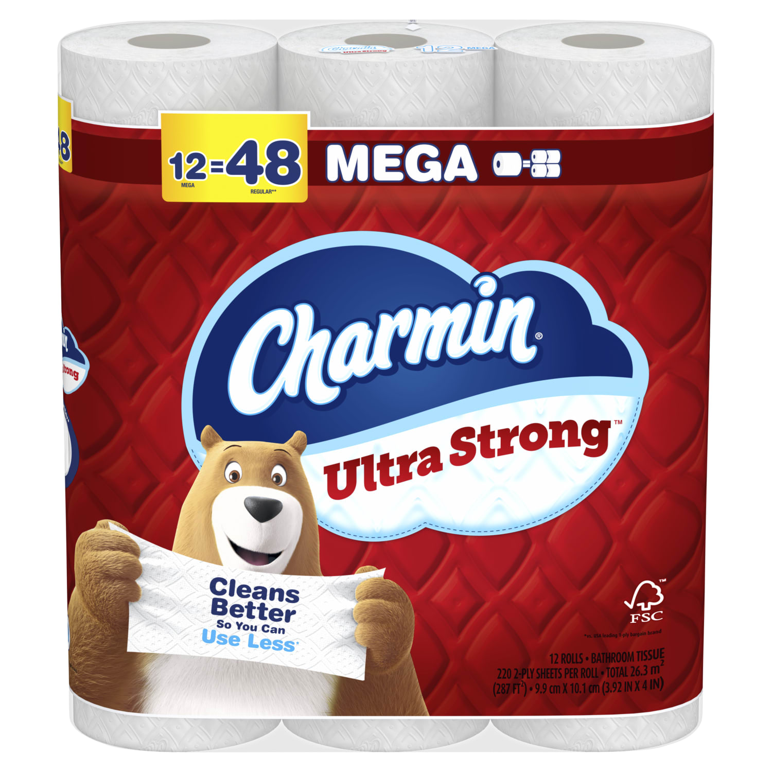 Charmin Ultra Strong Toilet Paper Mega Rolls, 4in x 3-15/16in, White, 220 Sheets Per Roll, Pack Of 12 Mega Rolls - Image 3