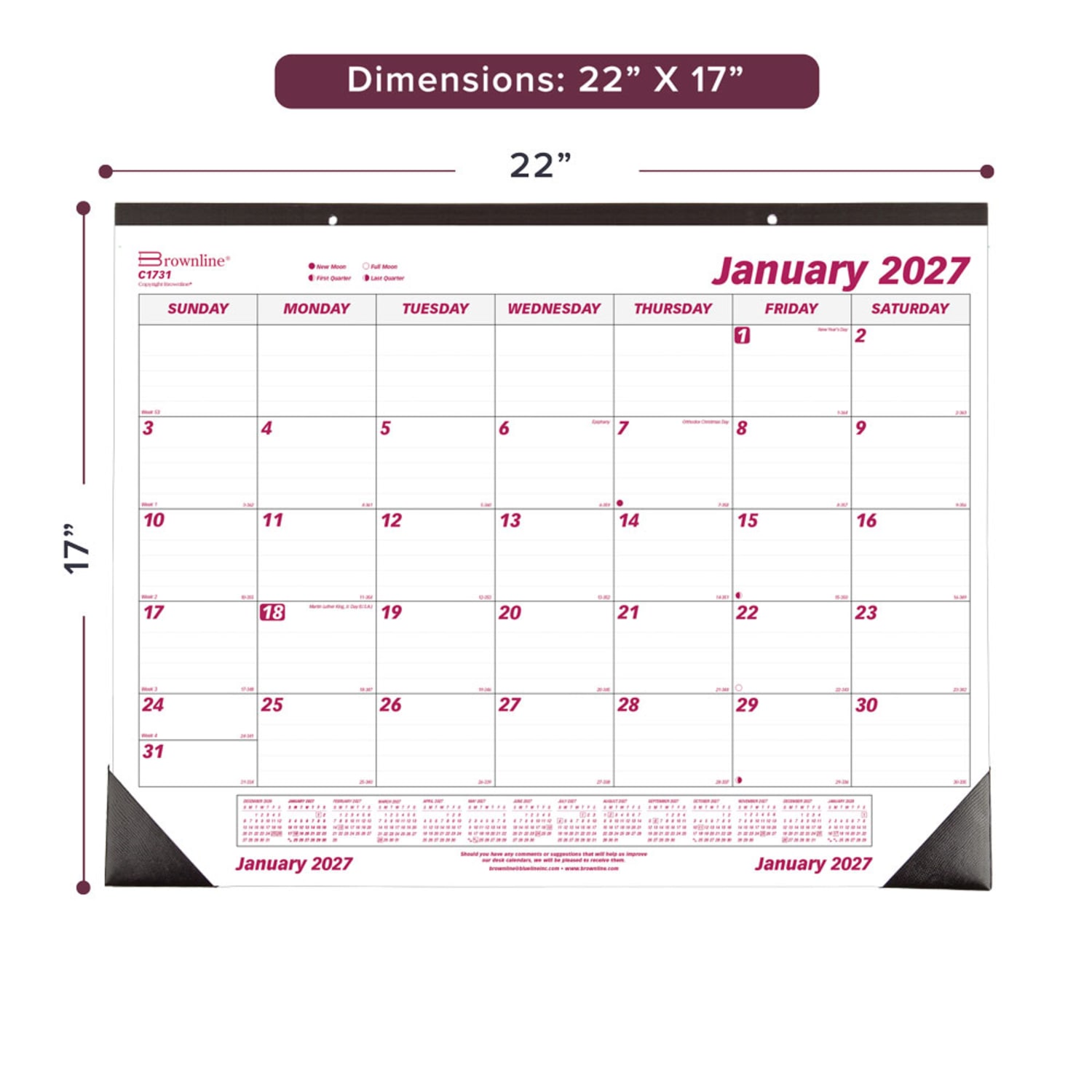 2027 Brownline Monthly Desk Pad Calendar, 22in x 17in, Burgundy/White, January To December, C1731, Total Qty 1 - Image 3