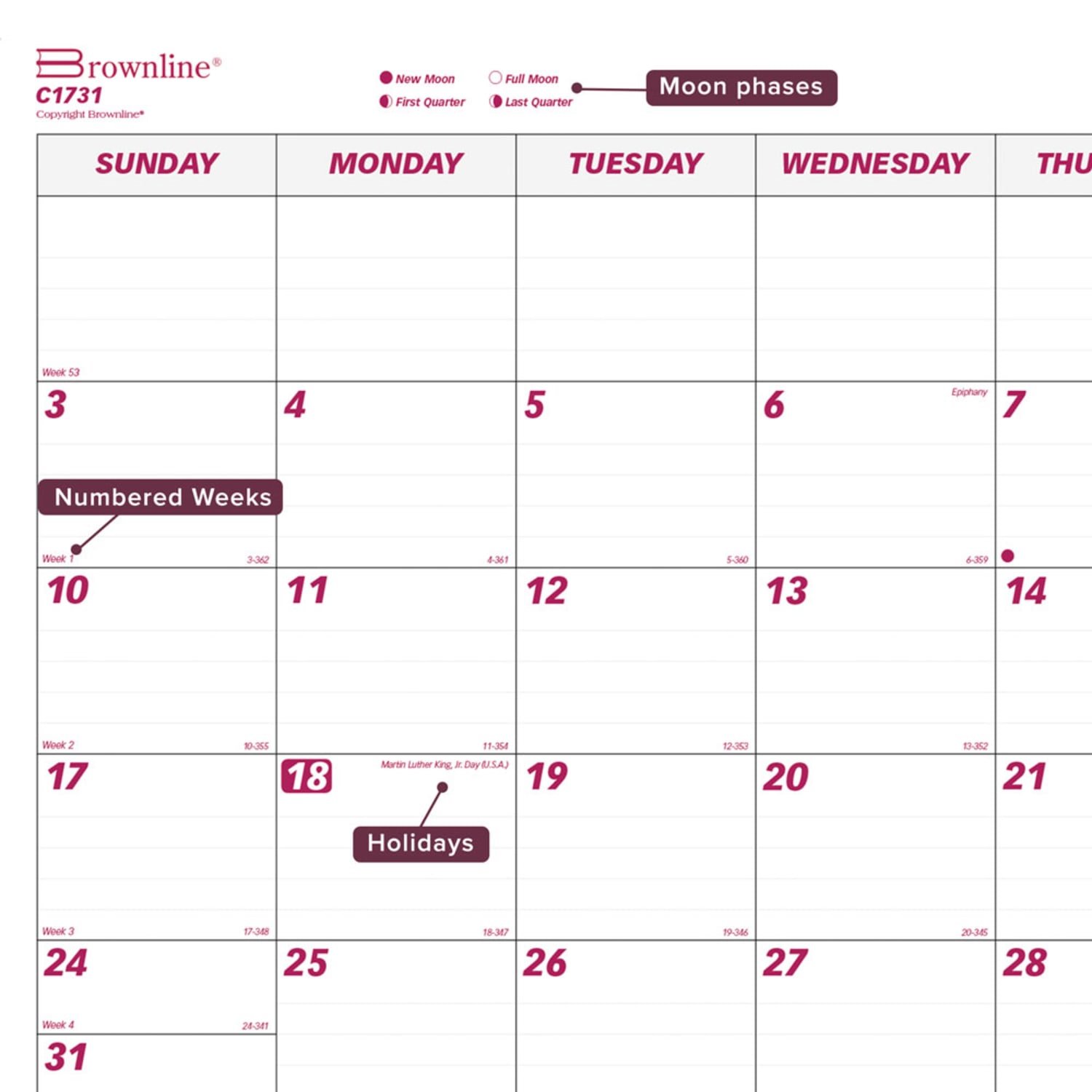 2027 Brownline Monthly Desk Pad Calendar, 22in x 17in, Burgundy/White, January To December, C1731, Total Qty 1 - Image 4