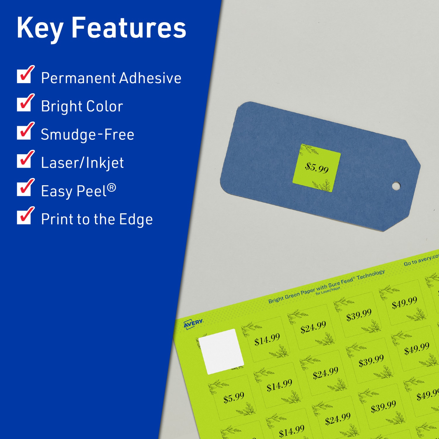 Avery Print-To-The-Edge Labels With Sure Feed Technology And Easy Peel Label Feature, 94103-BGP10, Square, 1in x 1in, Matte Bright Green, Pack of 480 - Image 3