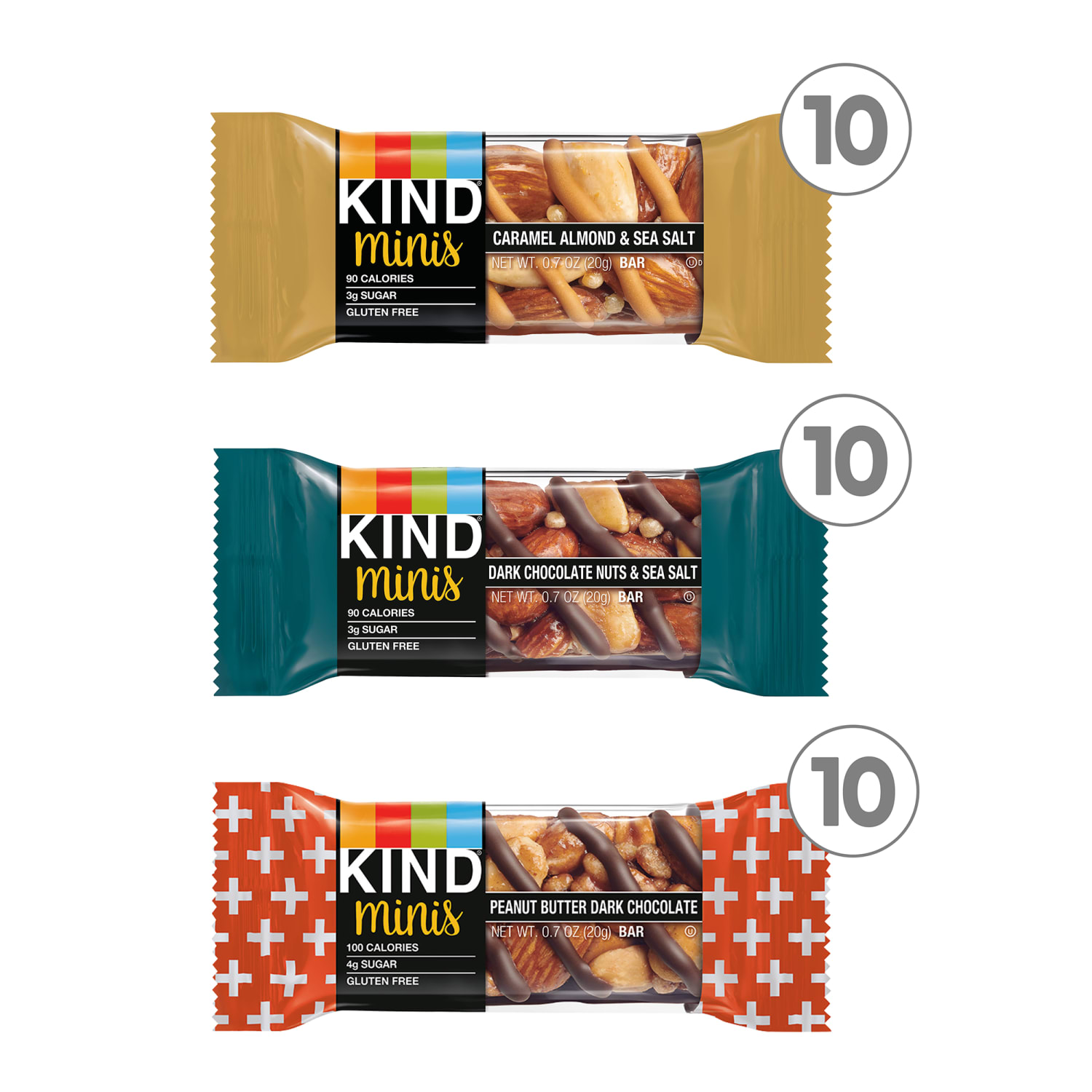 KIND Minis Variety Pack, Dark Chocolate Nuts & Sea Salt/Caramel Almond Sea Salt/Peanut Butter Dark Chocolate, 1.4 Oz, Pack Of 30 Bars - Image 3