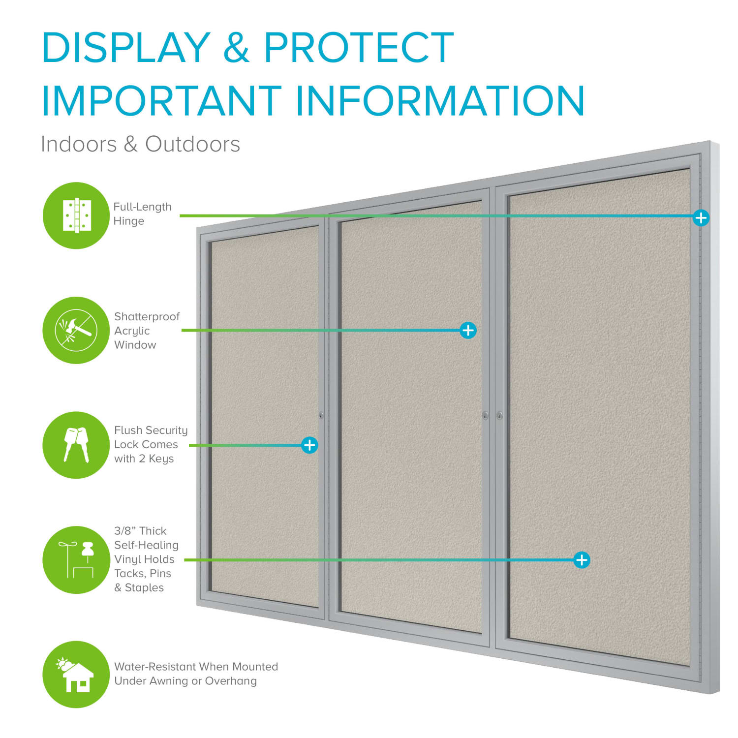 Ghent 3-Door Enclosed Vinyl Bulletin Board, 48in x 96in, Aluminum Frame, Ivory - Image 3
