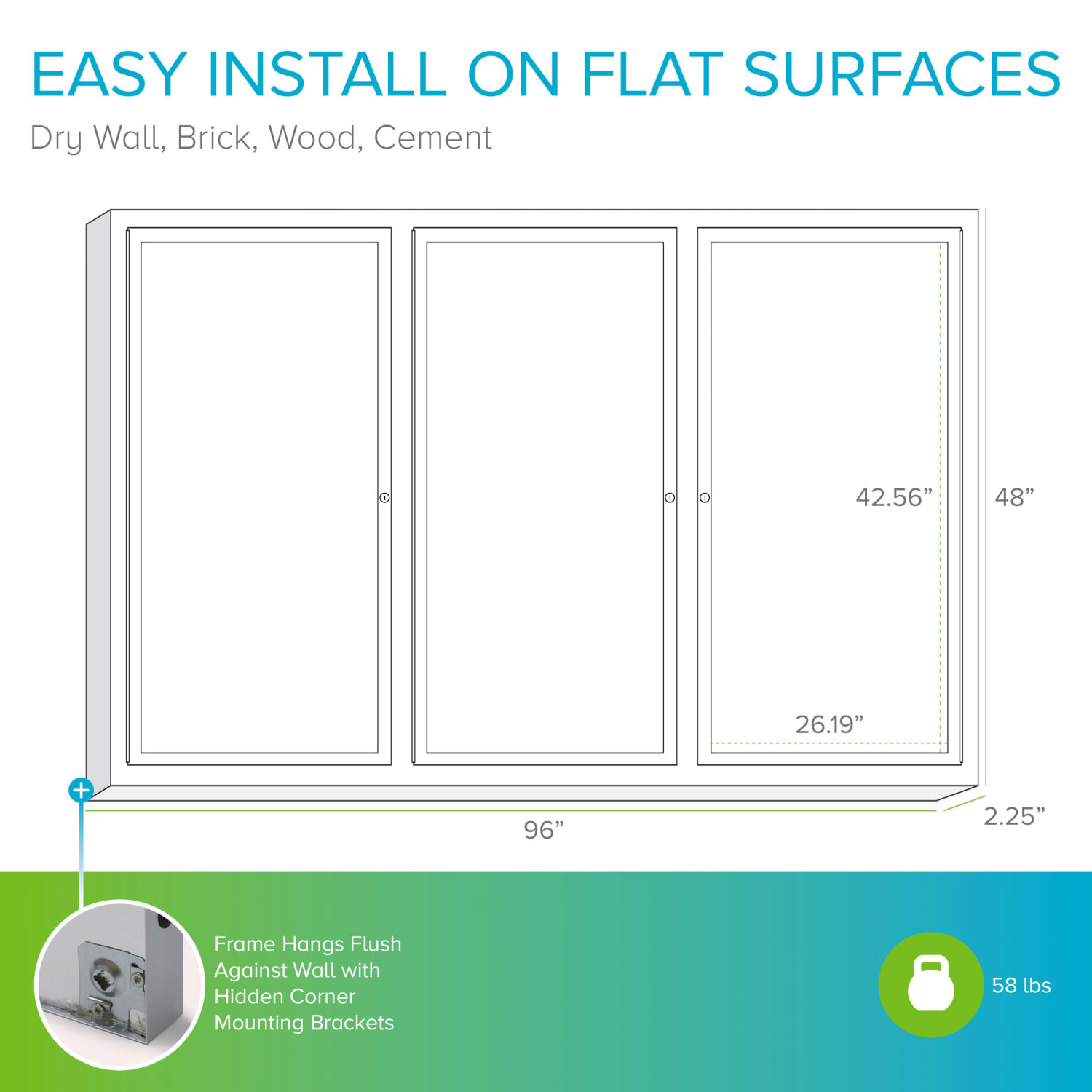 Ghent 3-Door Enclosed Vinyl Bulletin Board, 48in x 96in, Aluminum Frame, Ivory - Image 5