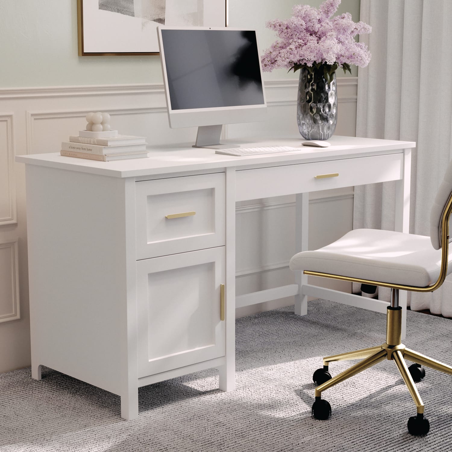 Martha Stewart Hutton Shaker Style 54inW Home Office Computer Desk With Storage, White/Polished Brass - Image 3