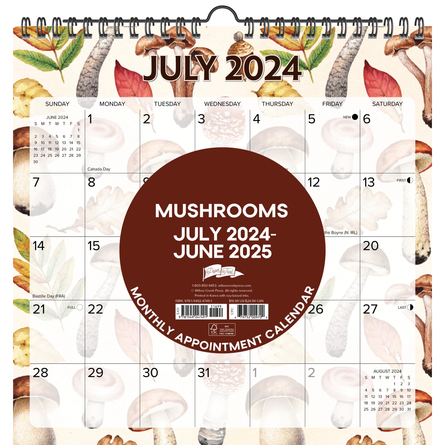 2025 Willow Creek Press Spiral Art Monthly Wall Calendar, 12in x 12in, Mushrooms, January To December, 47491