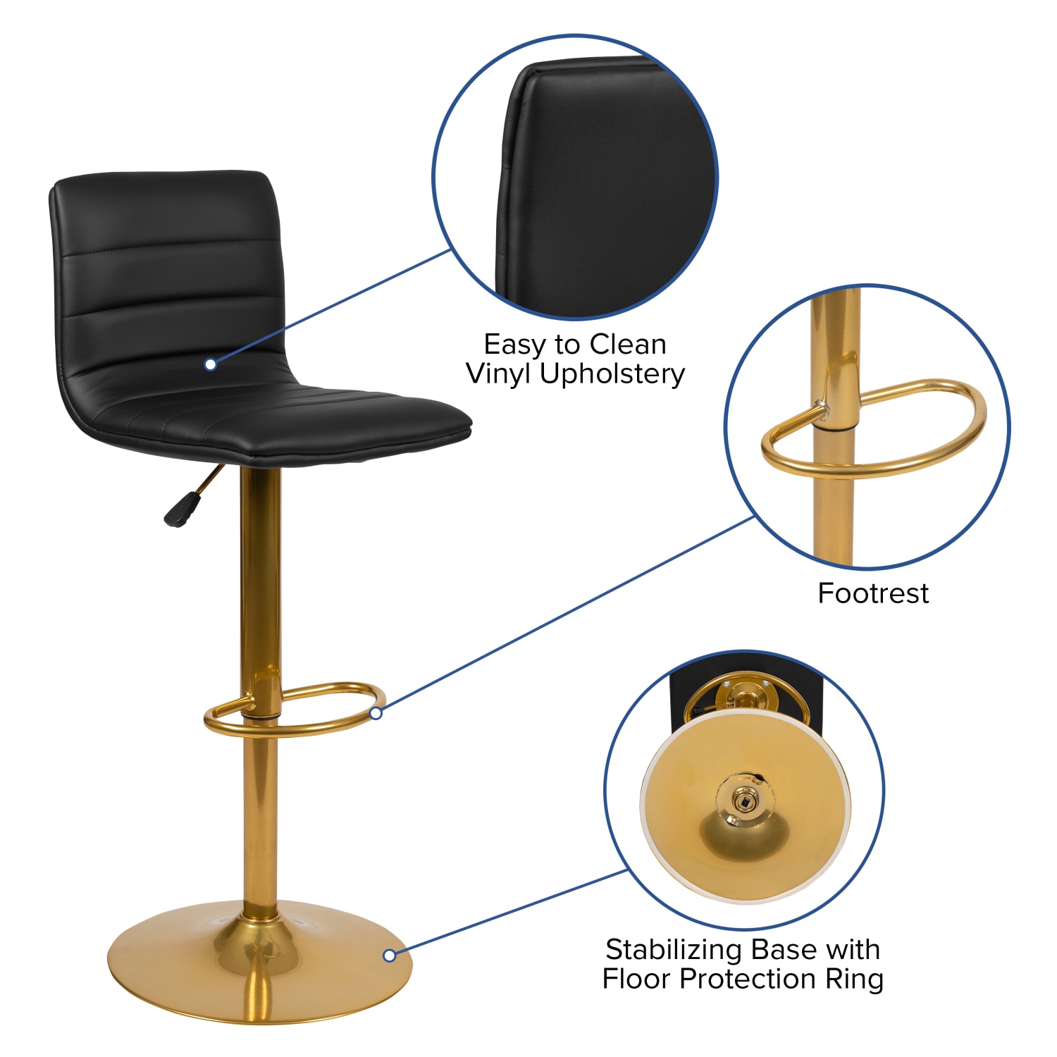 Flash Furniture Modern Vinyl Adjustable Height Barstool with Horizontal Stitch Back Set of 2 Black VinylGold Frame PopularChairscom
