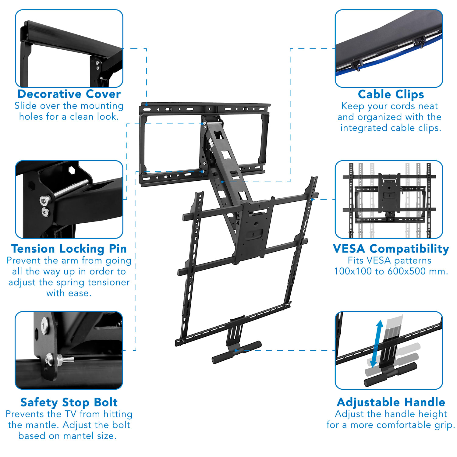 Mount-It! MI-384 Height-Adjustable Fireplace TV Mount For Screens 42in - 65in, 70inH x 40inW x 13inD, Black - Image 6