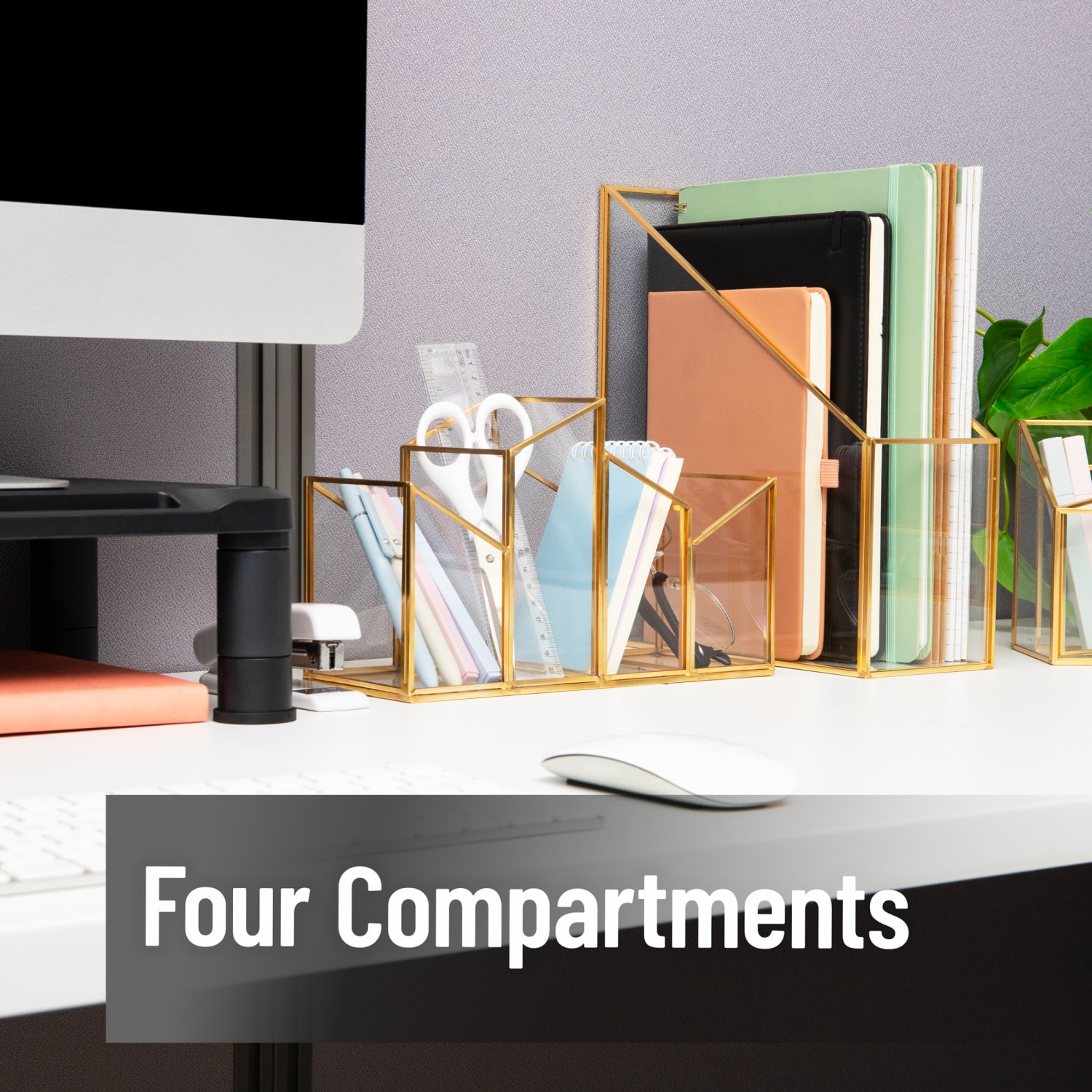 Mind Reader 4-Compartment Angled Glass Pen Holder With Copper Trim, 5-7/8inH x 9-1/2inW x 3-7/8inD, Clear, Total Quantity 1 - Image 5