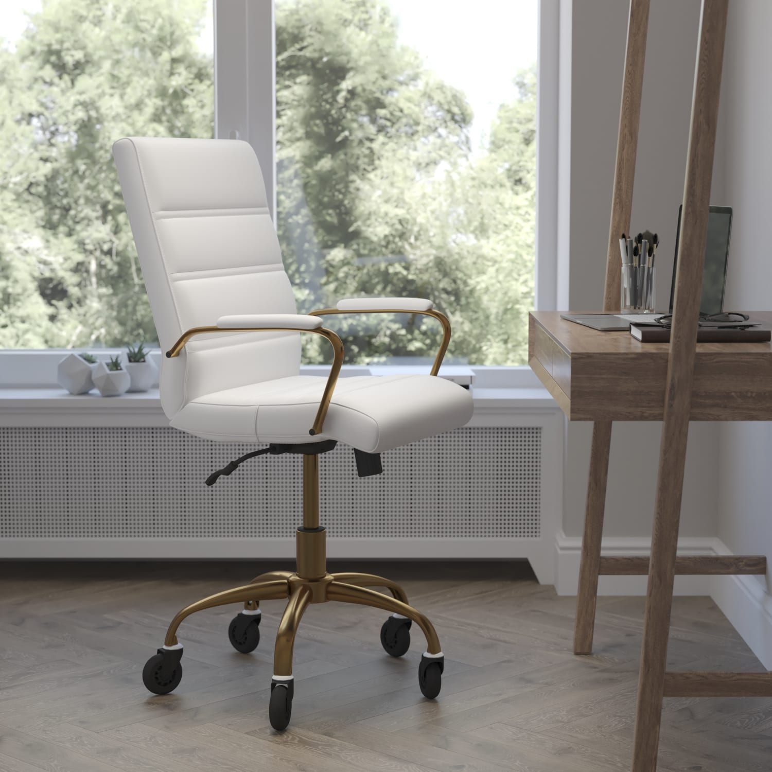 Flash Furniture Camilia Ergonomic Faux Leather Mid-Back Executive Swivel Office Chair With Arms, White/Gold