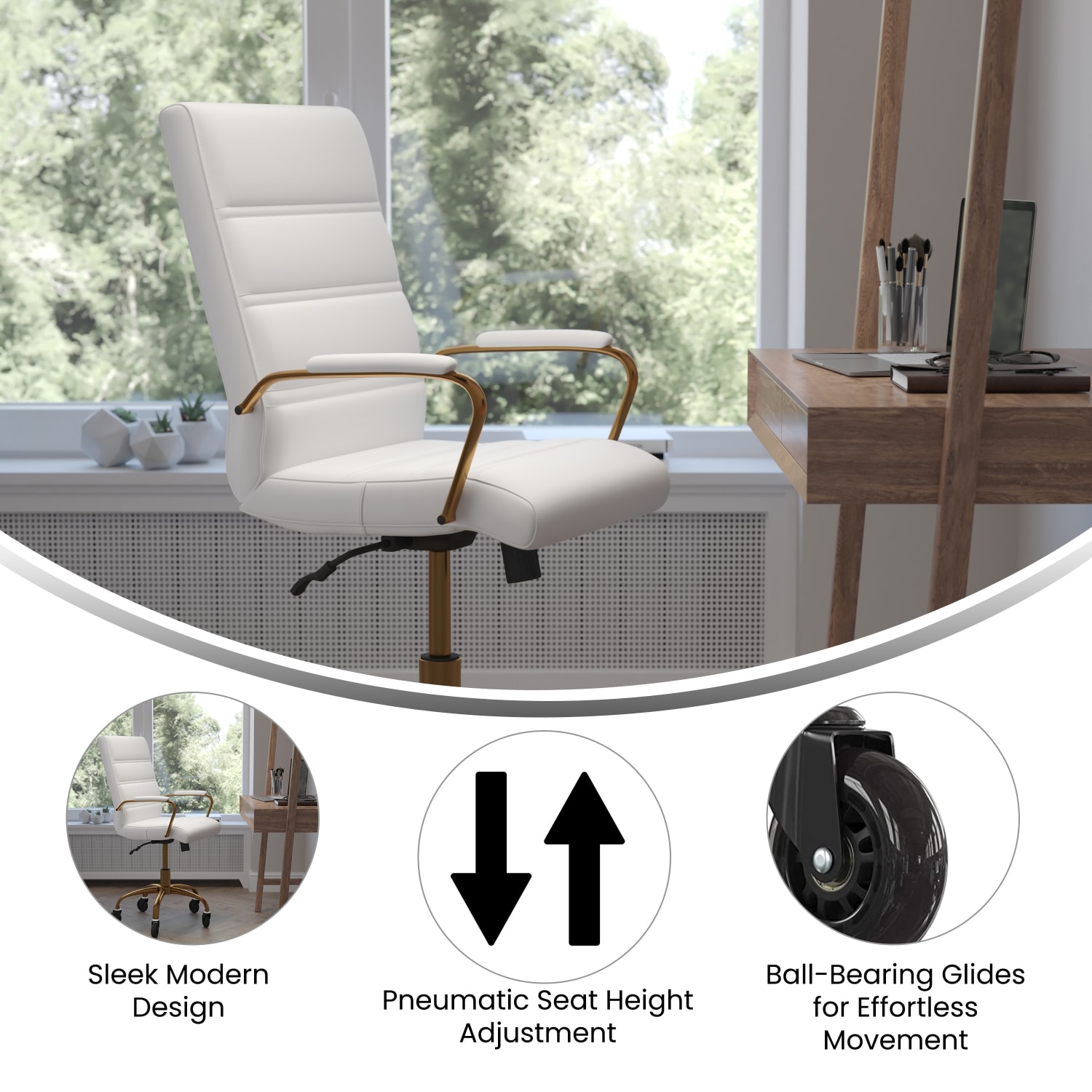 Flash Furniture Camilia Ergonomic Faux Leather Mid Back Executive Swivel Office Chair With Arms WhiteGold PopularChairscom