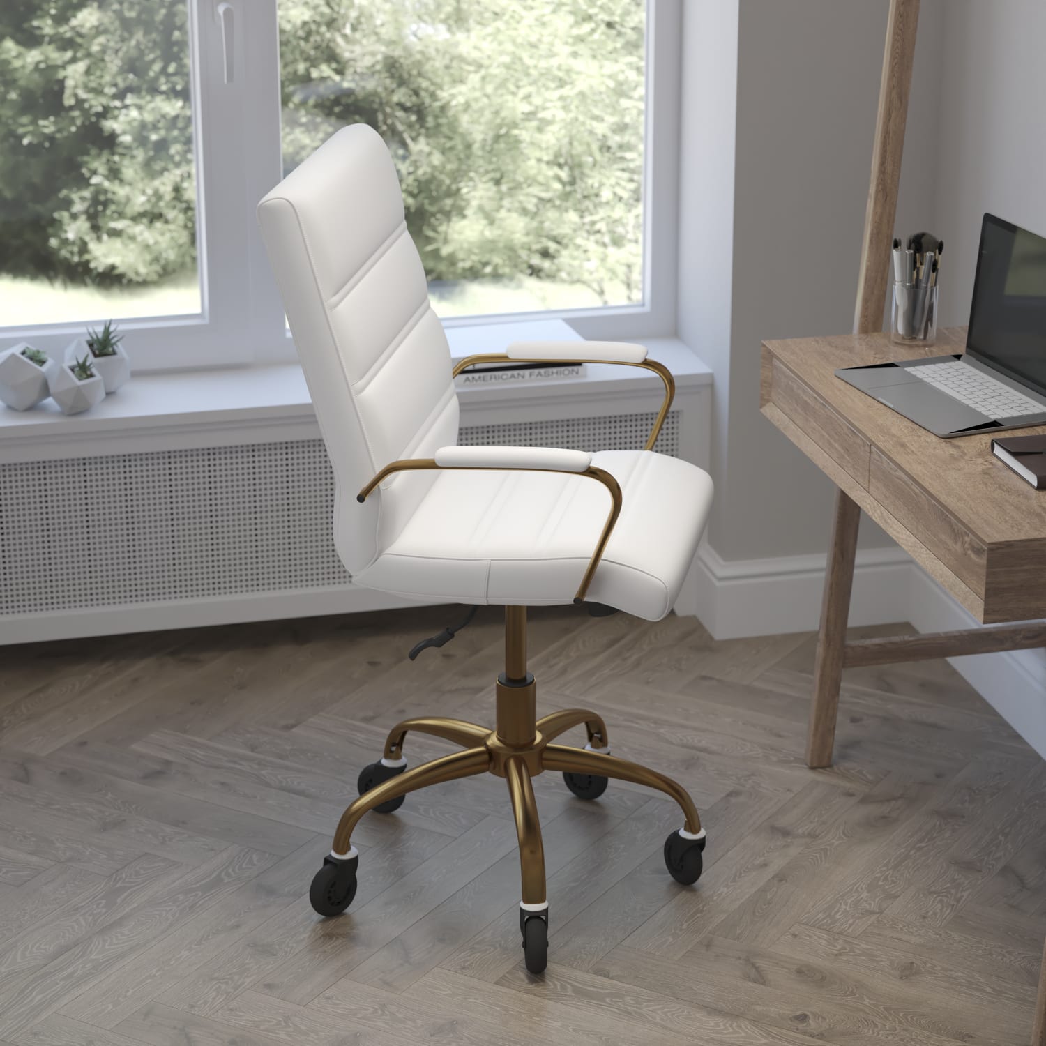 Flash Furniture Camilia Ergonomic Faux Leather Mid Back Executive Swivel Office Chair With Arms WhiteGold PopularChairscom