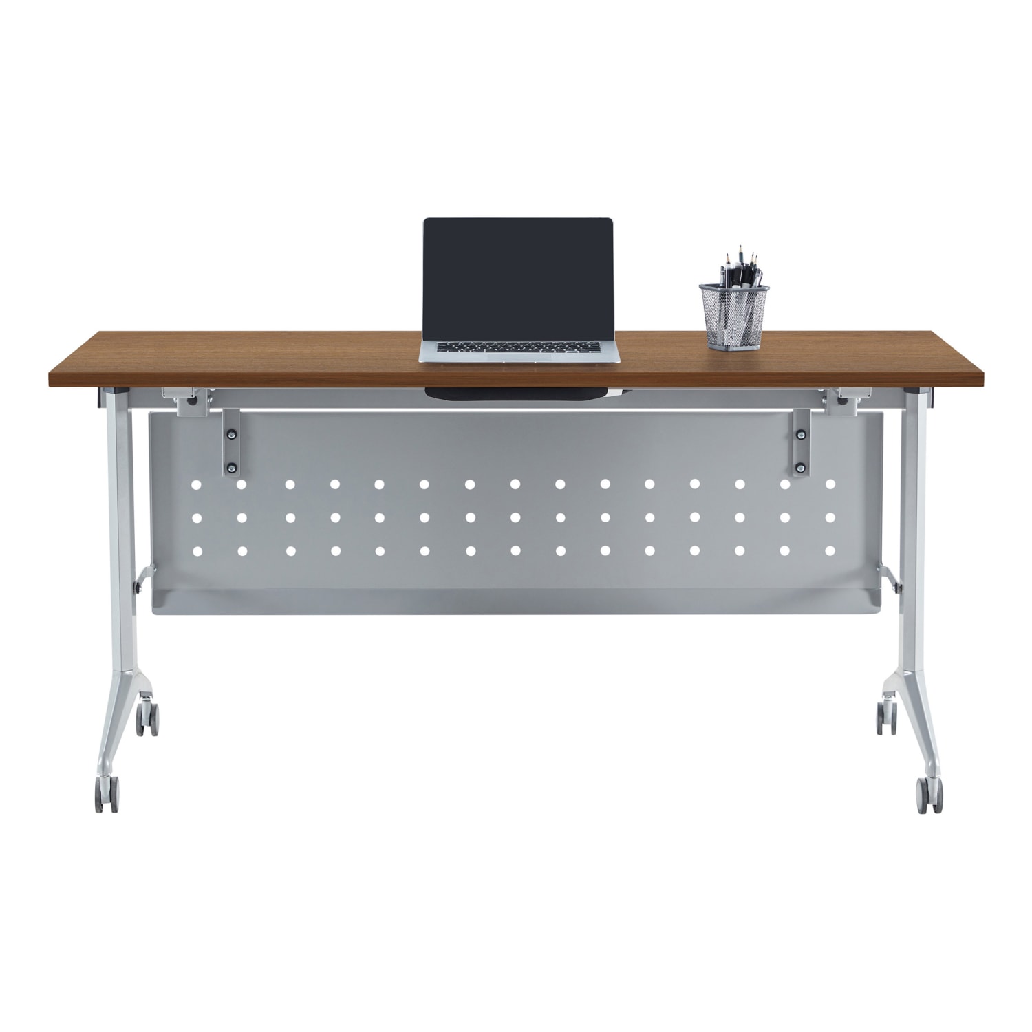 WorkPro AnyPlace Flip-Top Nesting Training Table With Modesty Panel, 60inW x 29-1/2inH x 24inD, Walnut/Silver - Image 3