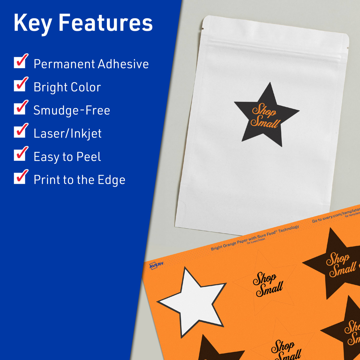 Avery Print-To-The-Edge Labels With Sure Feed Technology, 94611-BOP80, Star, 2-1/4in x 2-3/8in, Matte Bright Orange, Pack of 960 - Image 3