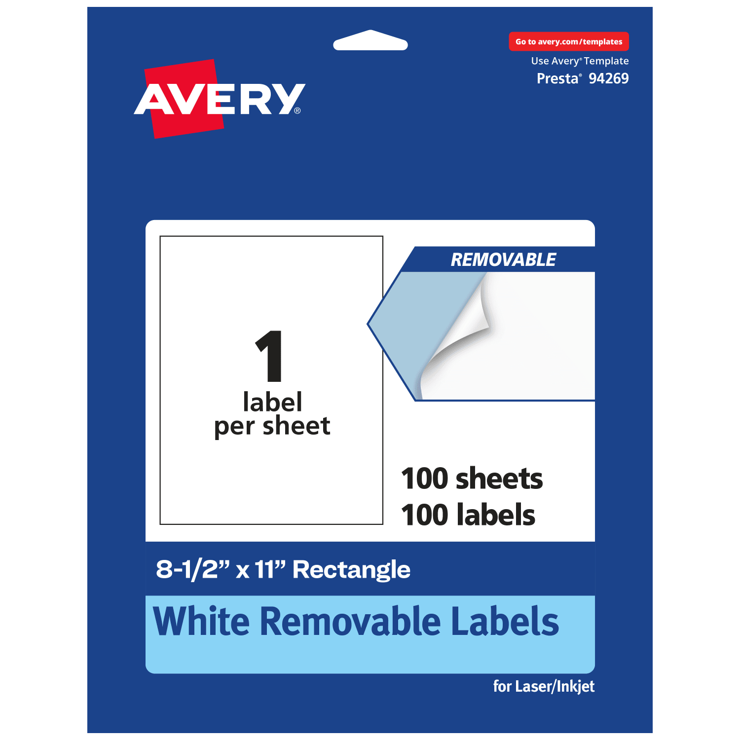 Avery Removable Labels, 94269-RMP100, Rectangle, 8-1/2in x 11in, White, Pack Of 100 Labels