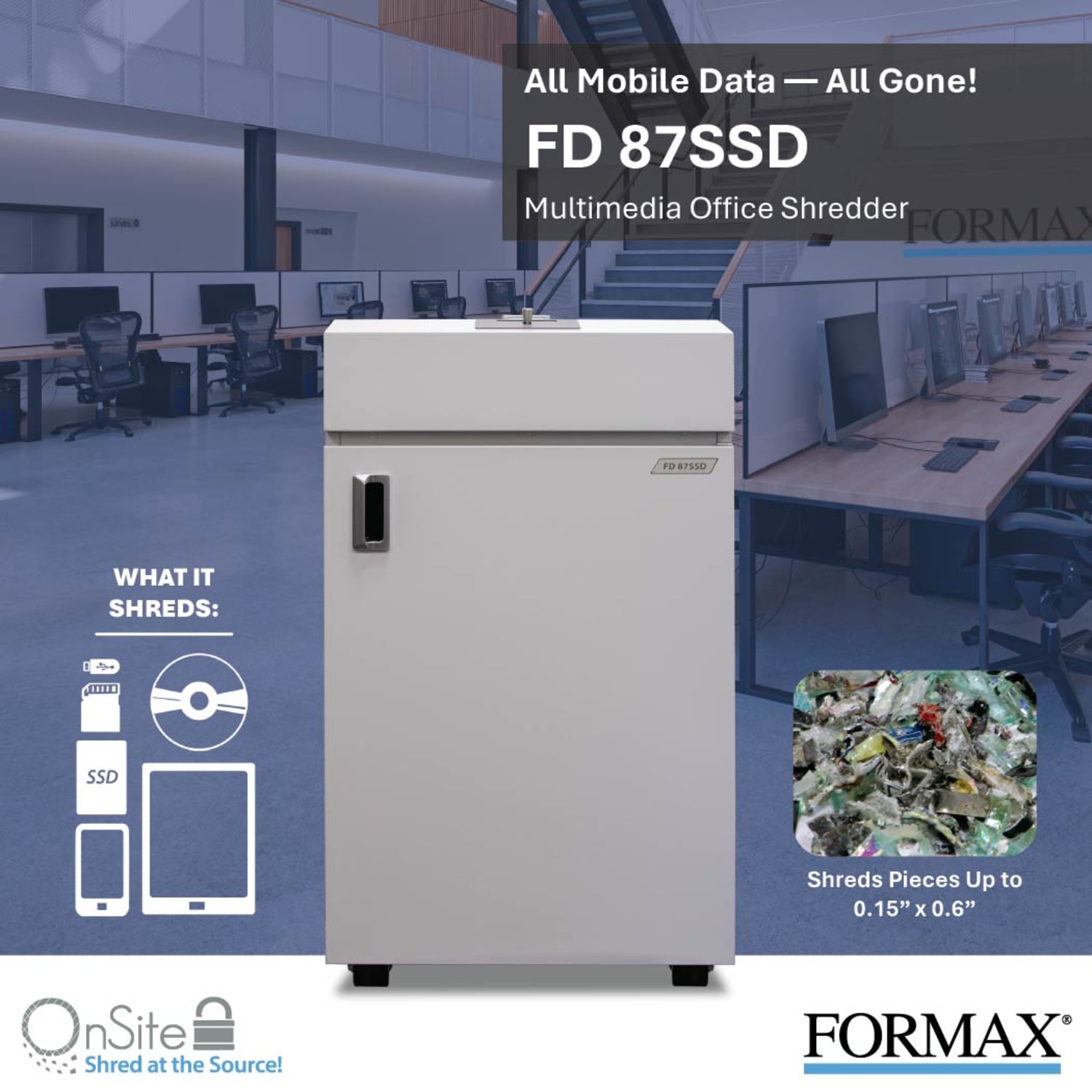 Formax OnSite Cross-Cut Multimedia Office Shredder For Moblie Phones, SSDs, Mini-Tablets, CDs/DVDs, FD 87SSD - Image 3