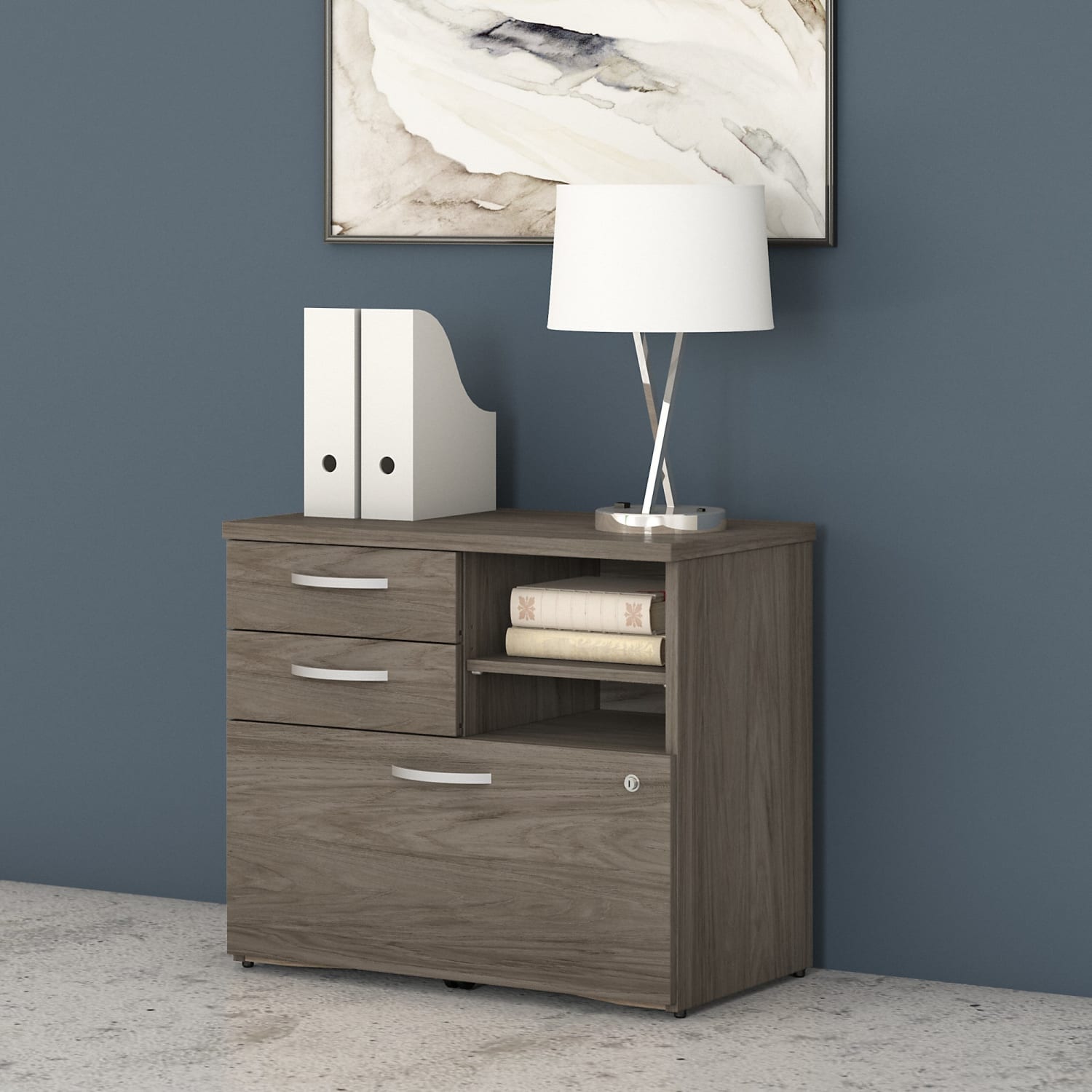 Bush Business Furniture Studio C 29-5/7inW x 17inD Lateral File Cabinet With Drawers and Shelves, Modern Hickory, Standard Delivery - Image 3