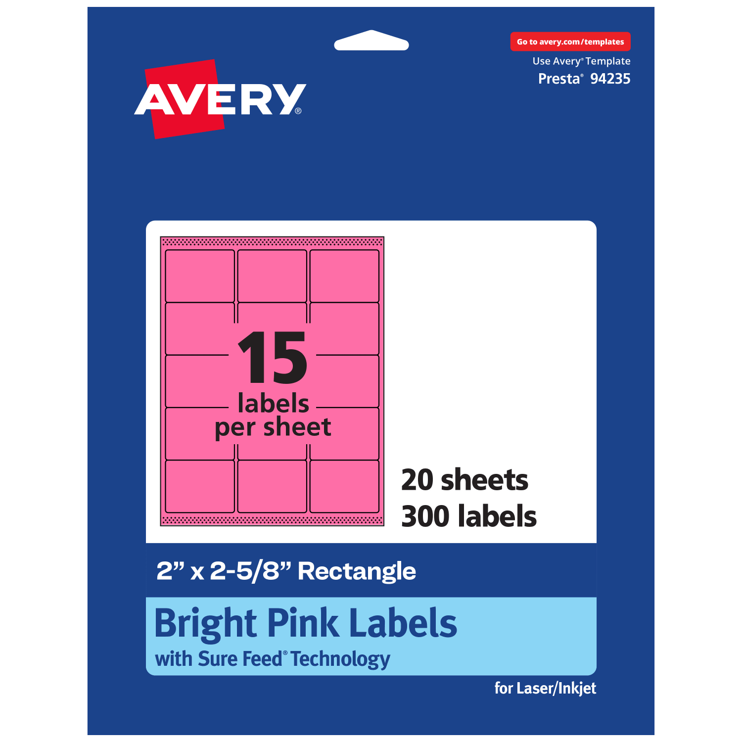 Avery Printable Labels With Sure Feed Technology, 94235-BPP20, Rectangle, 2in x 2-5/8in, Matte Bright Pink, Pack of 300 - Image 3