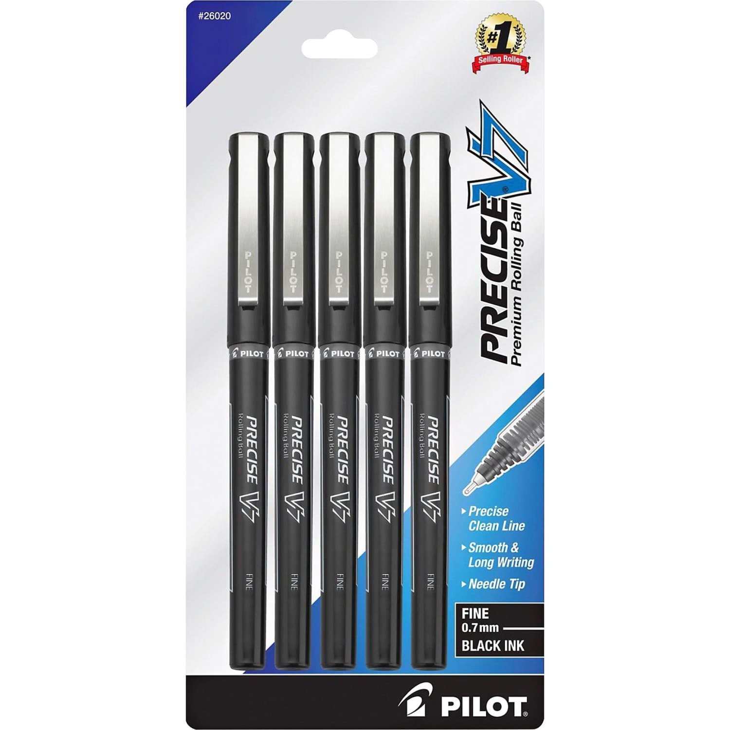 Pilot Precise V7 Liquid Ink Rollerball Pens, Fine Point, 0.7 mm, Black Barrel, Black Ink, Pack Of 5 - Image 3