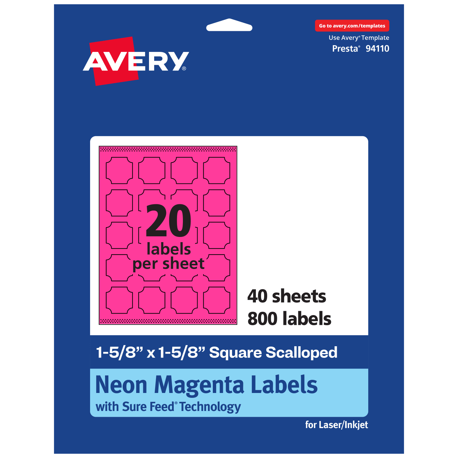 Avery Print-To-The-Edge Labels With Sure Feed Technology, 94110-NMP40, Square Scalloped, 1-5/8in x 1-5/8in, Matte Neon Magenta, Pack of 800
