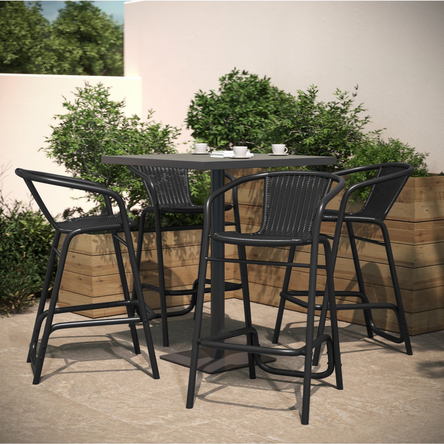 Flash Furniture Lila Set of 4 Commercial Grade Indoor-Outdoor PE Rattan Restaurant Barstools with Aluminum Frames and Footrests, Black - Image 3