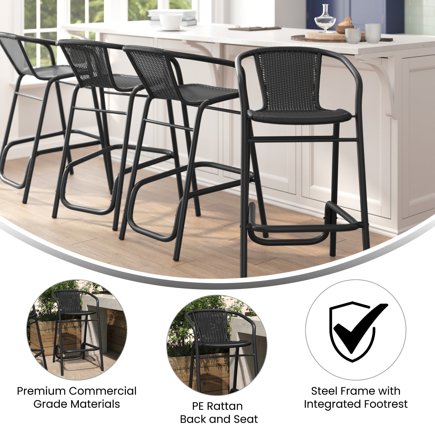 Flash Furniture Lila Set of 4 Commercial Grade Indoor-Outdoor PE Rattan Restaurant Barstools with Aluminum Frames and Footrests, Black - Image 4