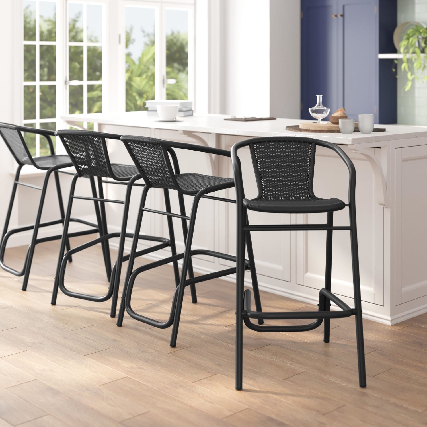 Flash Furniture Lila Set of 4 Commercial Grade Indoor-Outdoor PE Rattan Restaurant Barstools with Aluminum Frames and Footrests, Black - Image 5